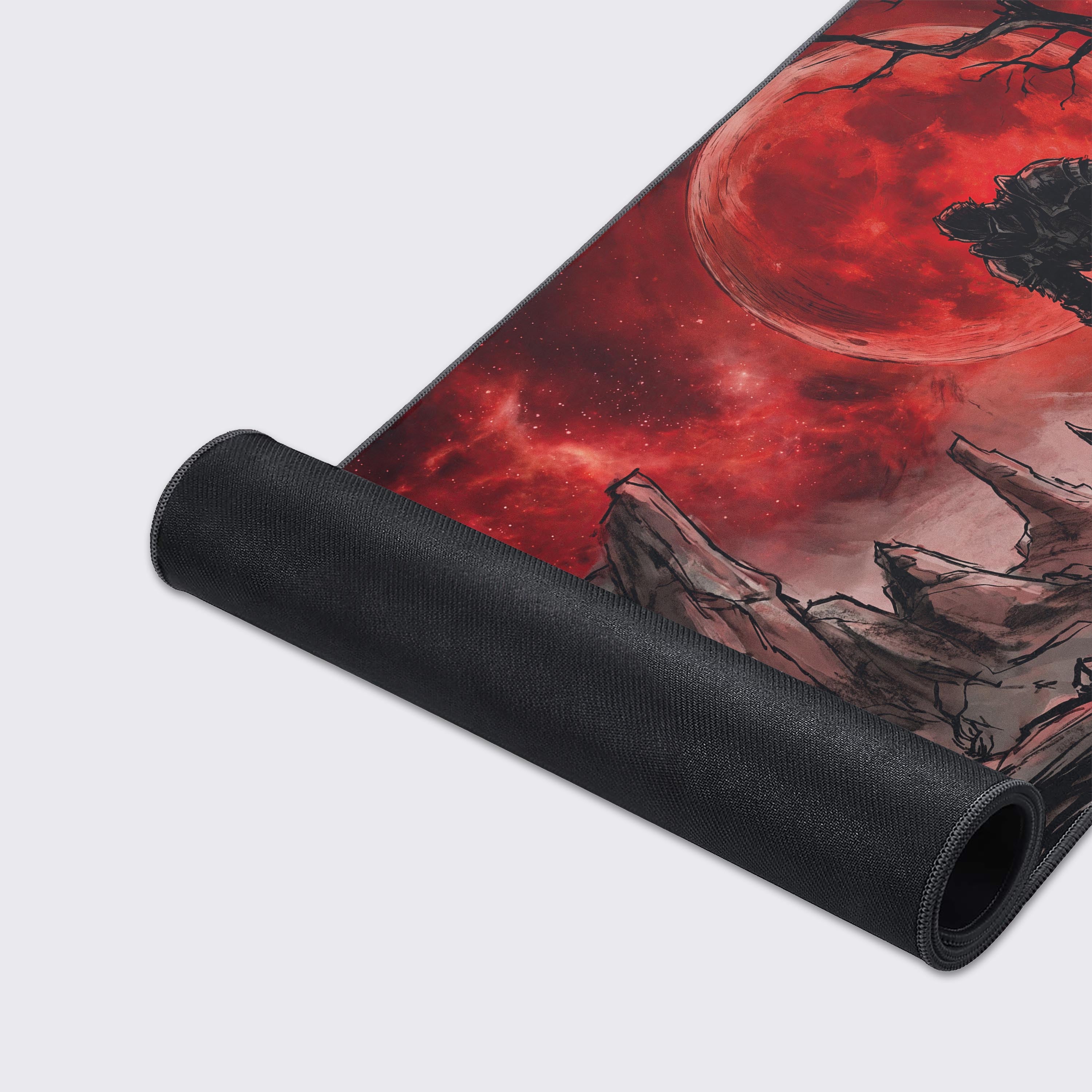Vivid red blood moon and starry nebula sky detail on the gothic mouse pad