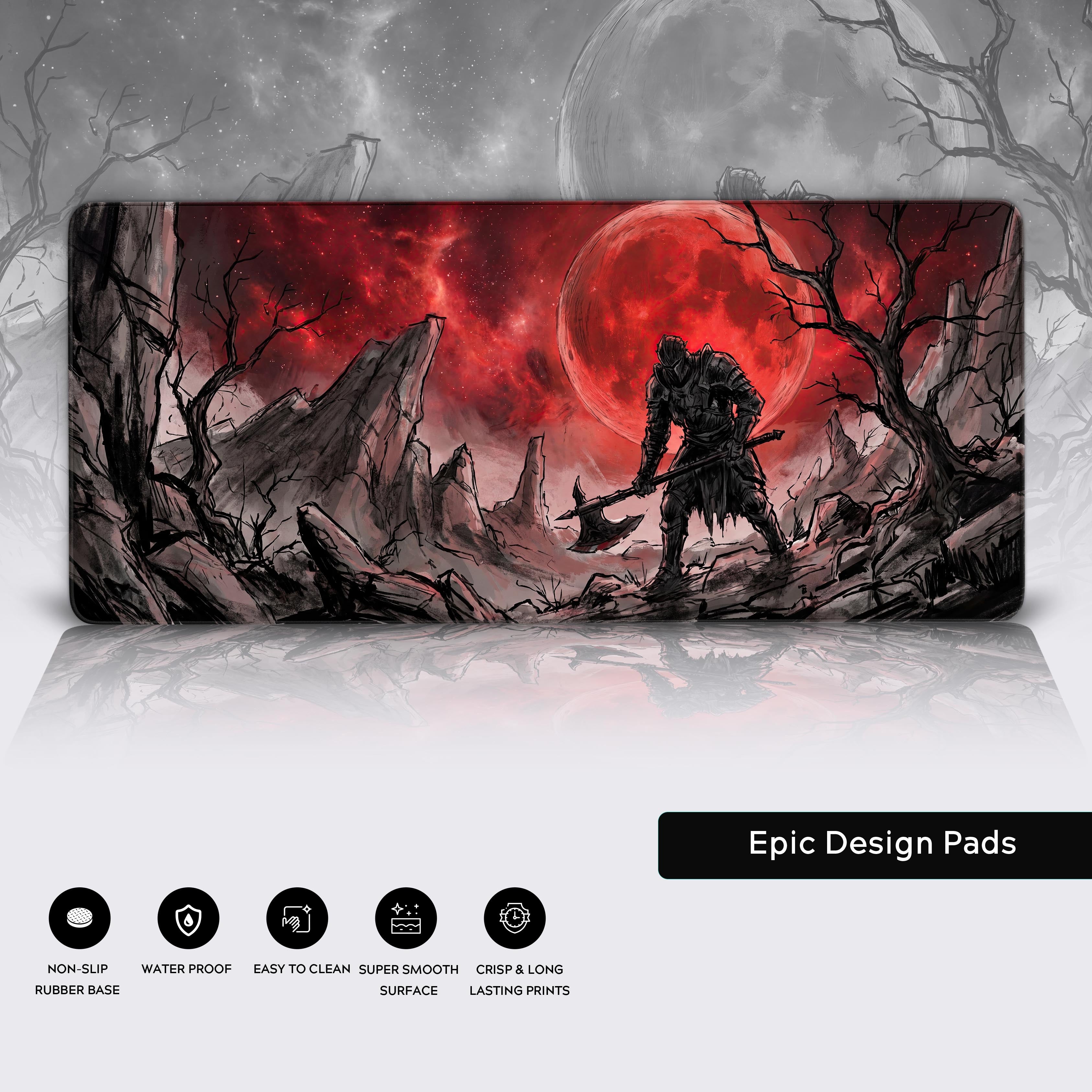 Epic Design Pads feature icons showcasing non-slip, waterproof, and smooth surface materials