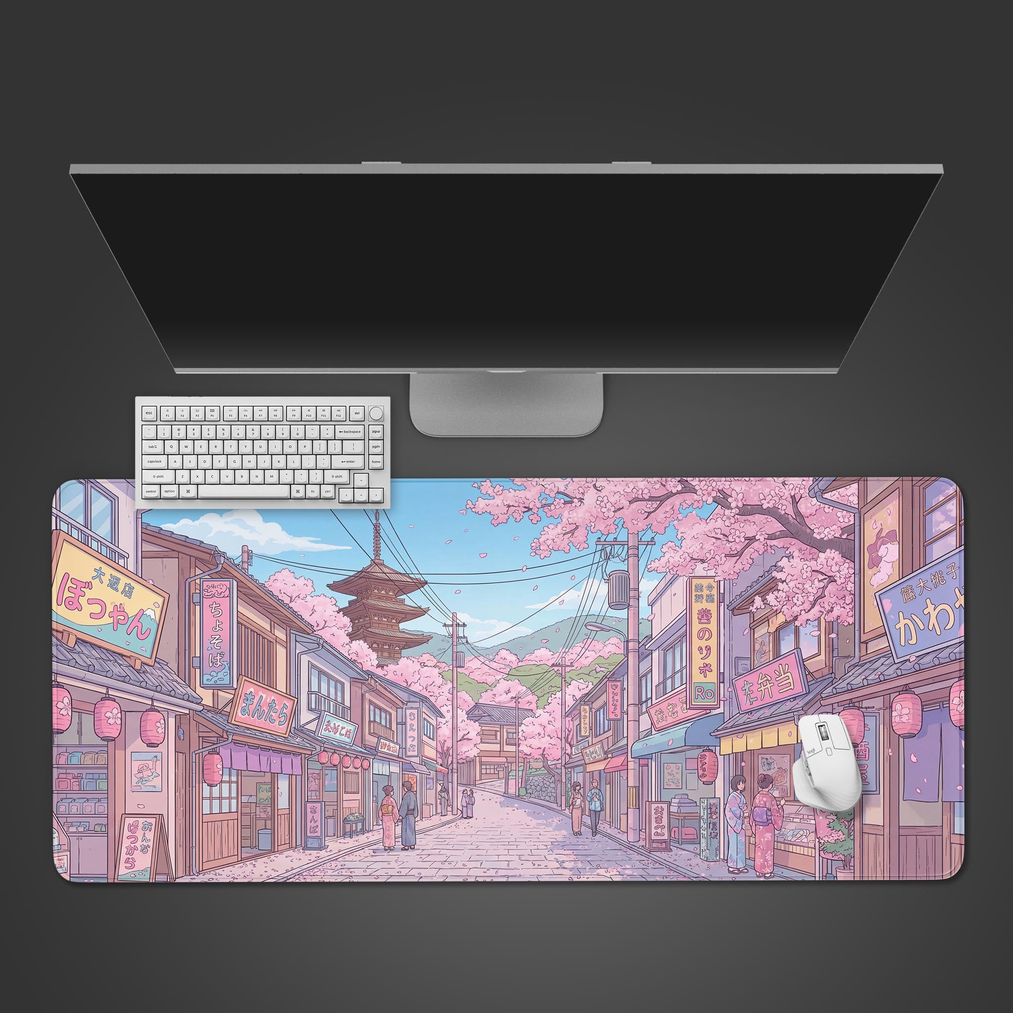 The Blossom Lane gaming desk mat shown from above with a white keyboard and mouse, featuring a vibrant anime-style Japanese street scene with cherry blossoms. - Epic Design Pads & Mousepads