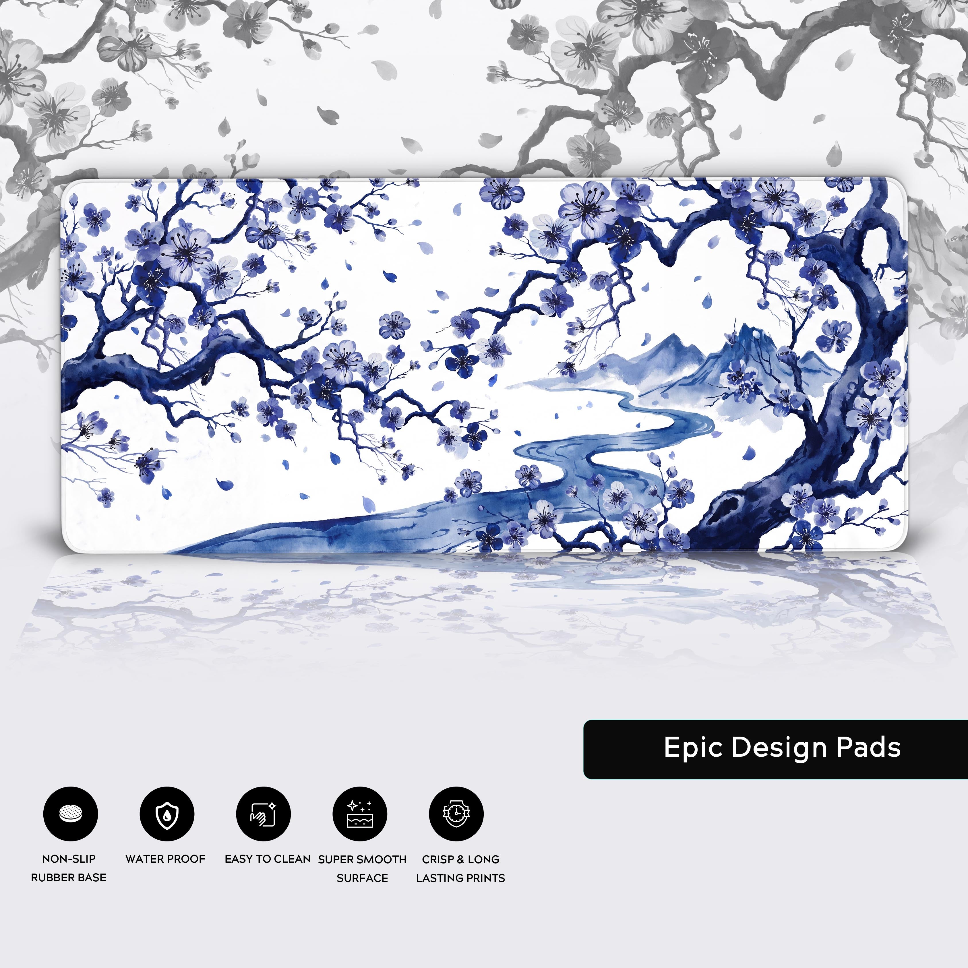 Graphic showing desk mat features including non-slip rubber base, water-proof coating, easy to clean surface, super smooth finish, and crisp long-lasting prints.