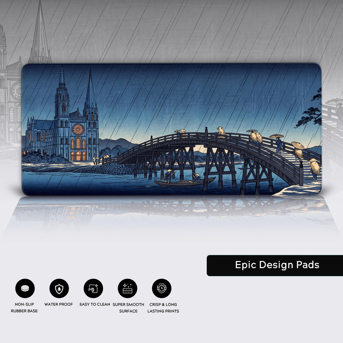 Features panel with the cathedral and rainy bridge mat over a faded grey copy of its art, feature icons below