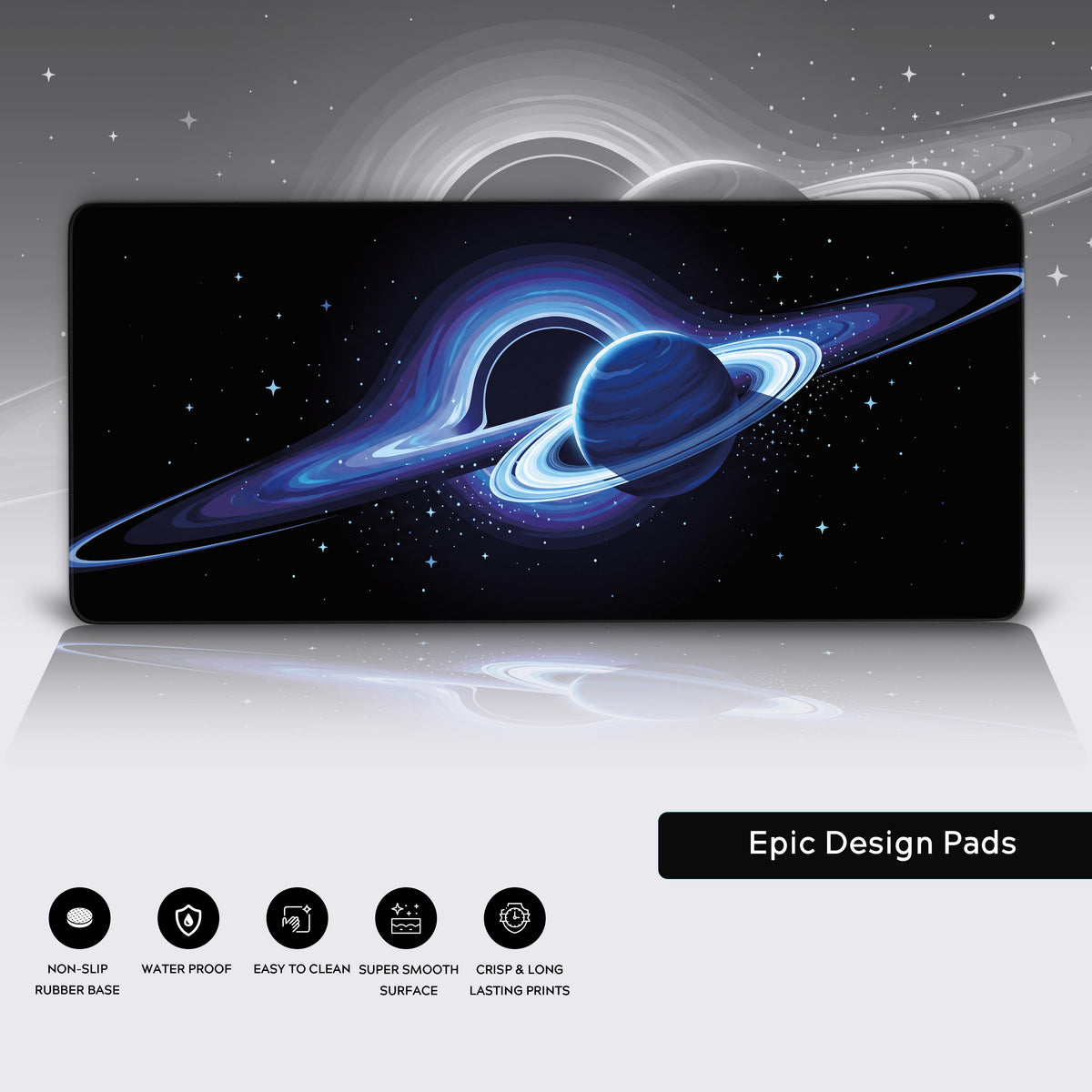 Features panel with the full blue ringed planet and black hole desk mat over faded grey art and five feature icons below.