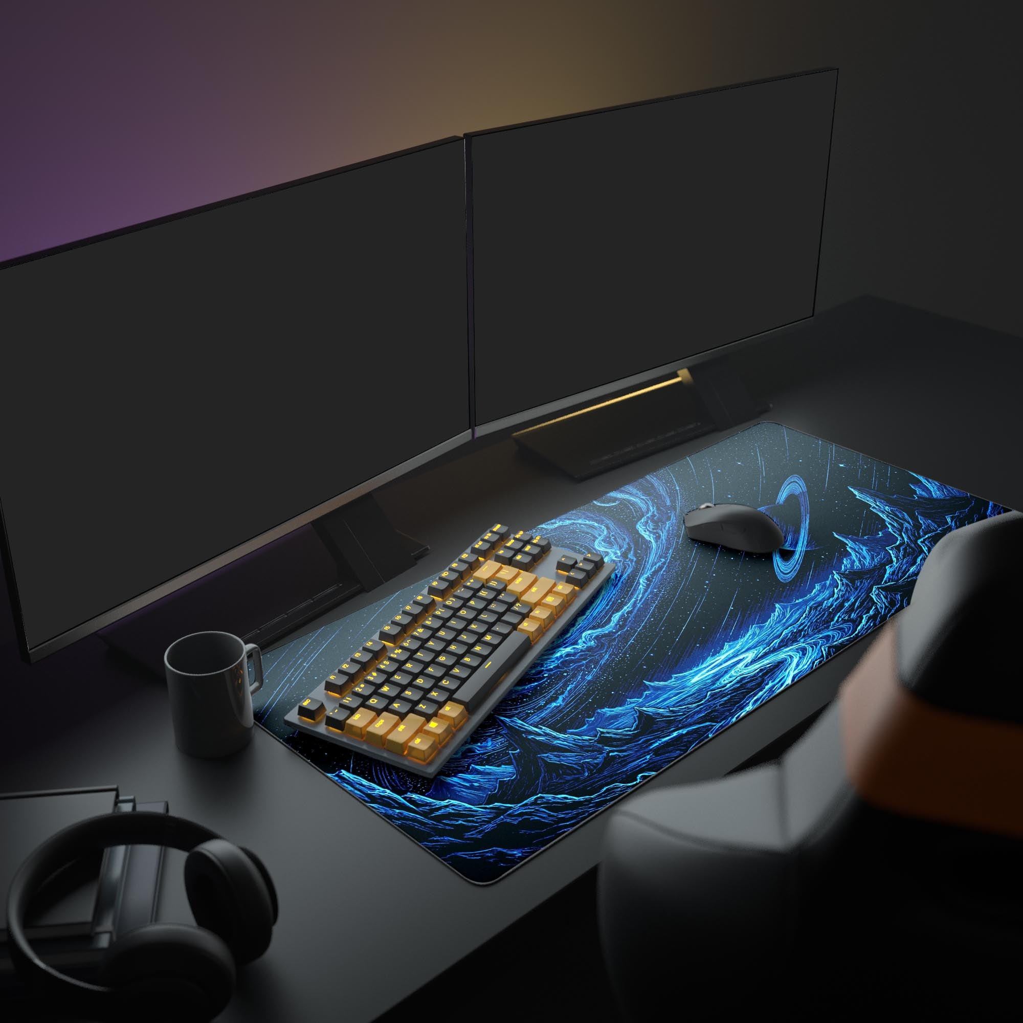 Close-up of the desk mat showing intricate blue cosmic dust, bright stars, and the textured alien mountain range.