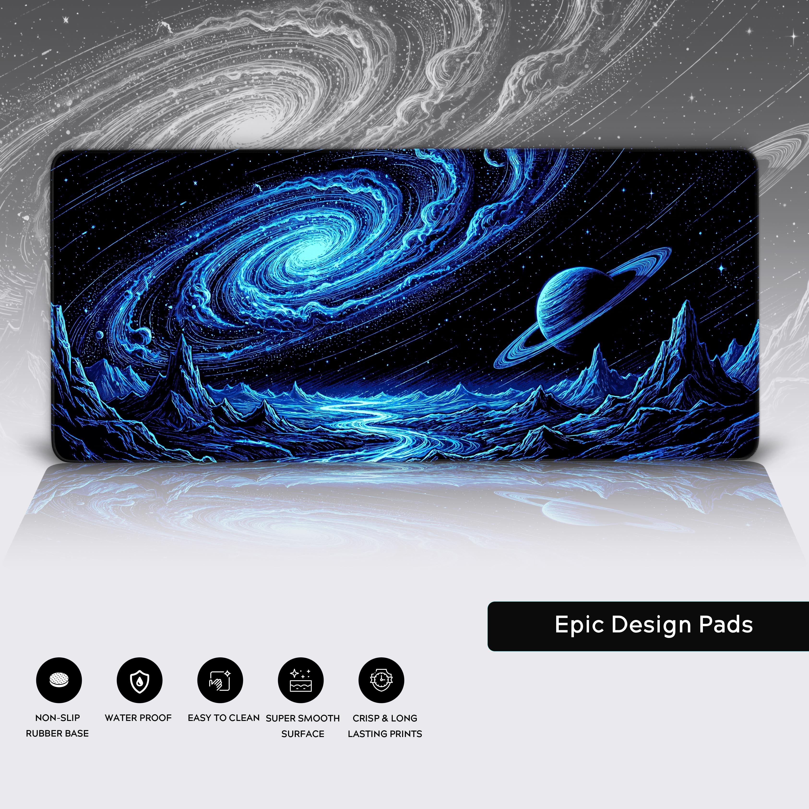 Graphic highlighting the Azure Nebula desk mat features: non-slip rubber base, waterproof, easy to clean, super smooth surface, and crisp prints.