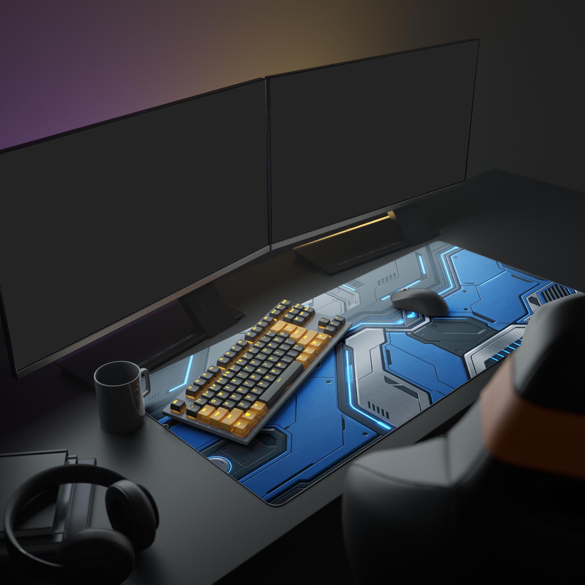A full PC battle station featuring the Blue Protocol mouse pad, which anchors a gaming monitor, glowing keyboard, and ergonomic mouse for a cohesive, sci-fi aesthetic. - Epic Design Pads & Mousepads