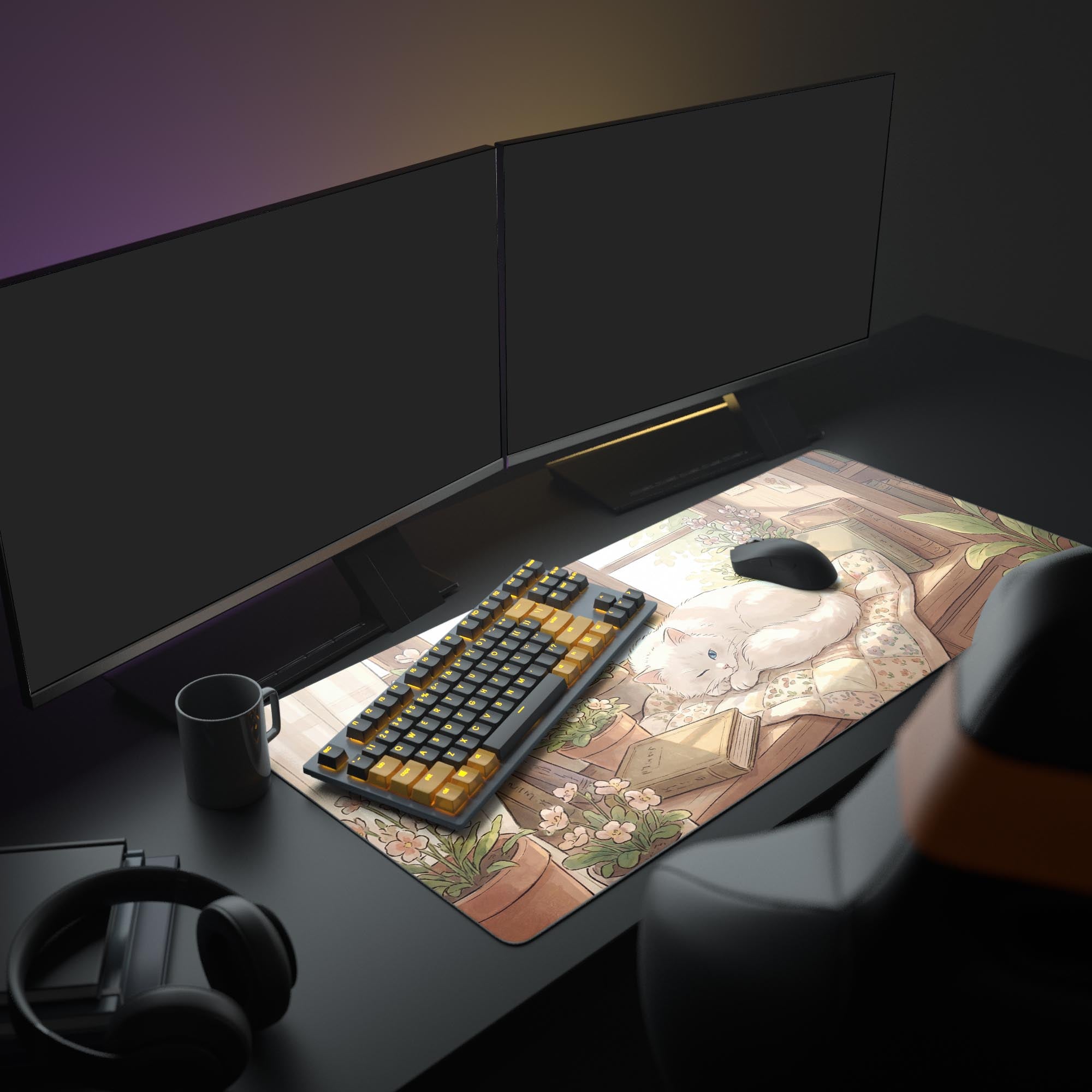 A complete Light Academia PC setup featuring the Bookish Nap mouse pad. The cozy cat illustration complements the monitor, keyboard, and plants, creating a serene workspace. - Epic Design Pads & Mousepads