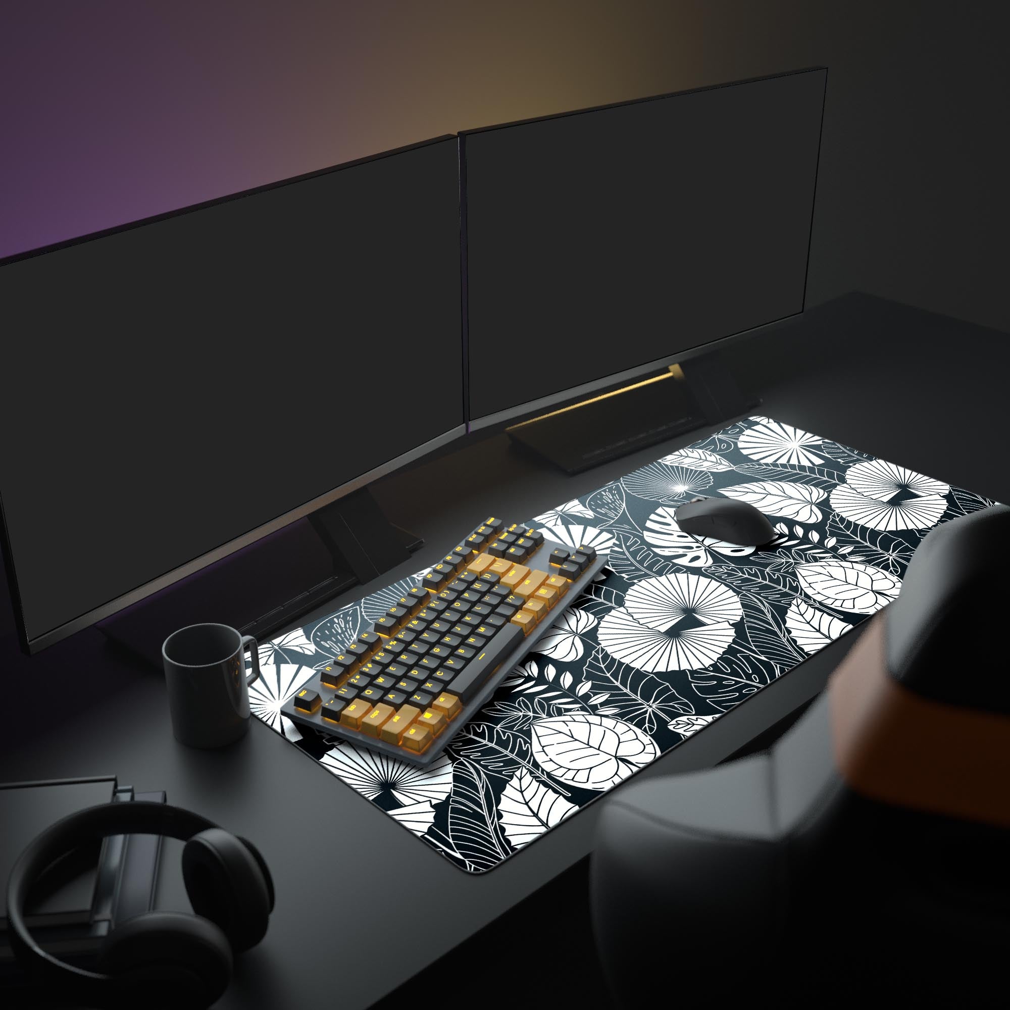 Large Botanical Black desk mat in a modern office setup with a laptop, monitor, and plant, creating an aesthetic workspace. - Epic Design Pads