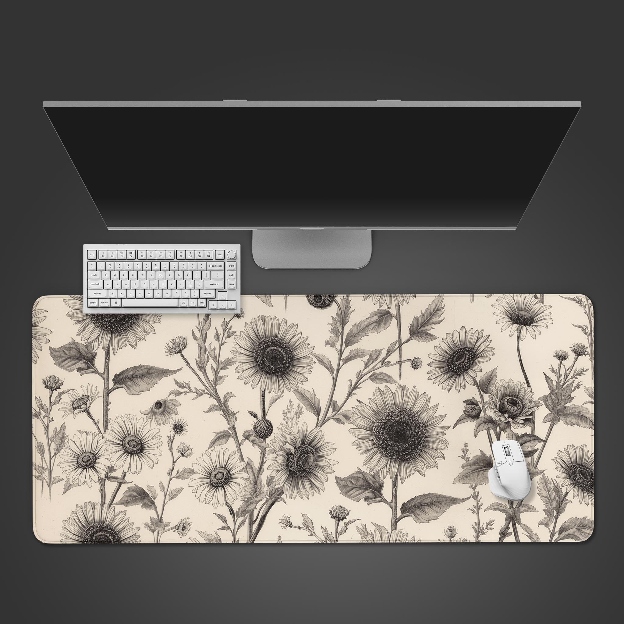 Botanical Study desk mat with vintage floral design, shown from a top-down view with a sleek keyboard and mouse. - Epic Design Pads