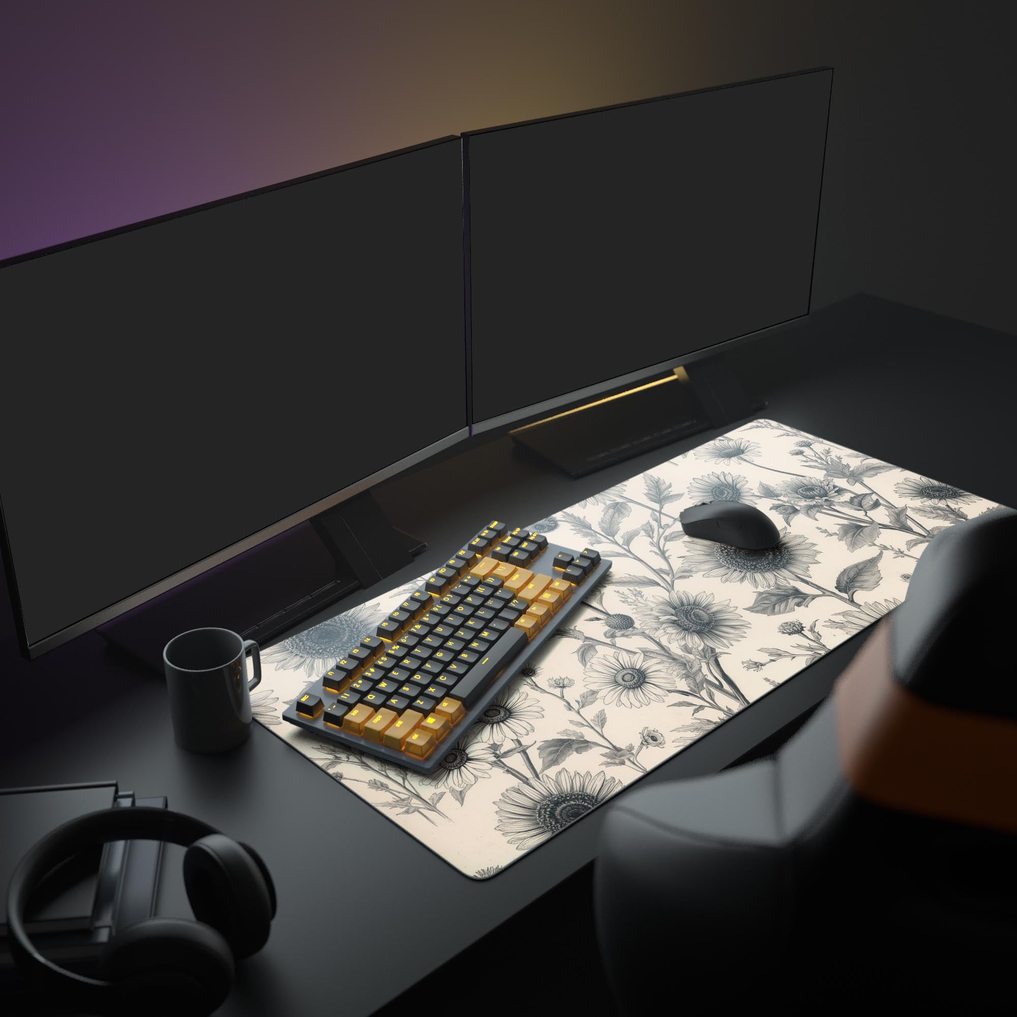Large botanical illustration desk mat featured in a minimalist office setup with a monitor, plant, and other aesthetic accessories. - Epic Design Pads