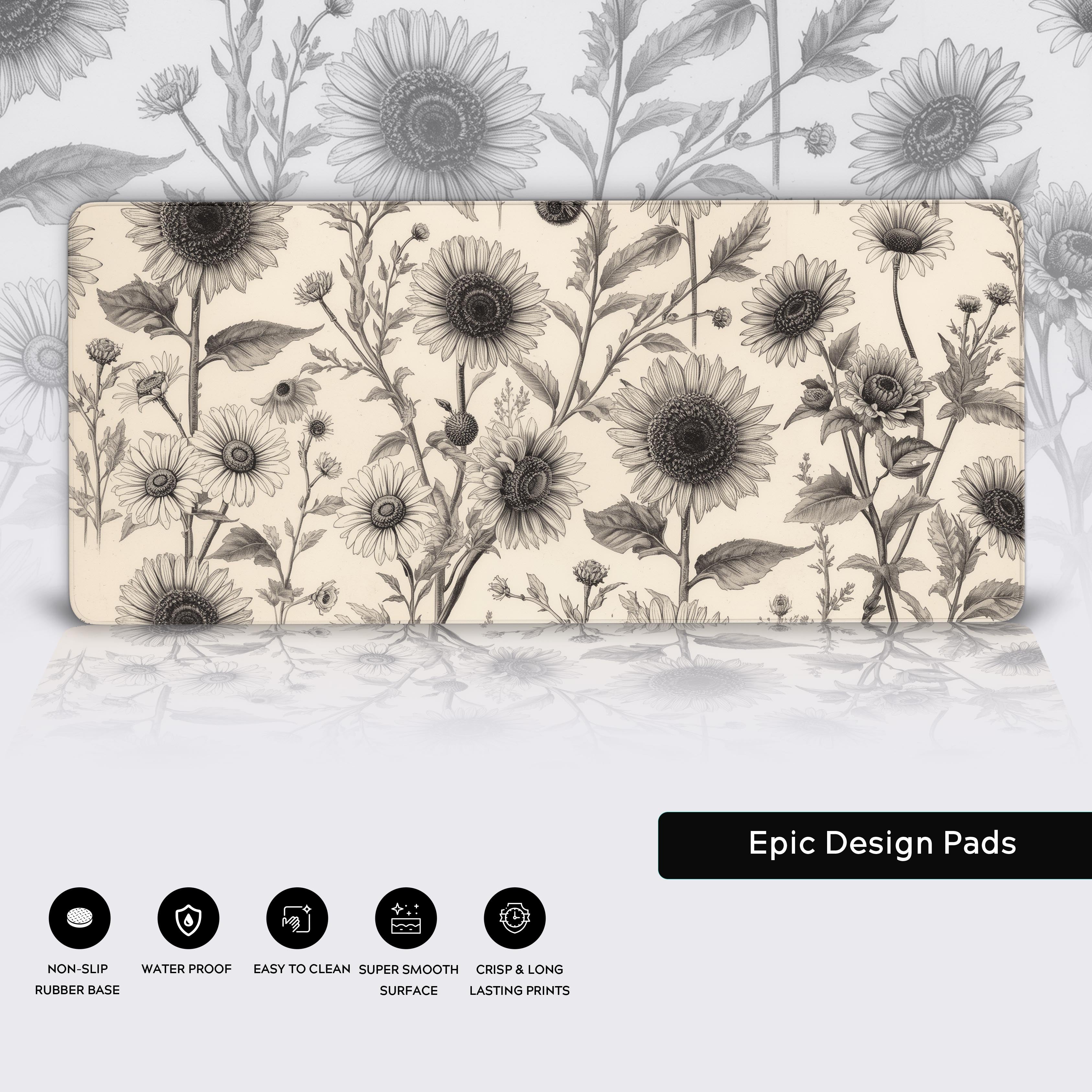 Close-up of the black and white botanical desk mat, highlighting its premium stitched edges, smooth fabric surface, and non-slip rubber base. - Epic Design Pads