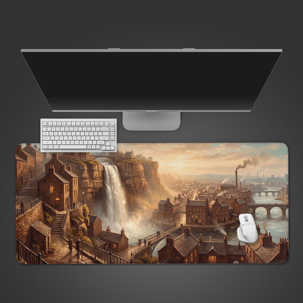 A large desk mat featuring a sprawling brown cityscape with a massive waterfall cascading through the center at sunset.