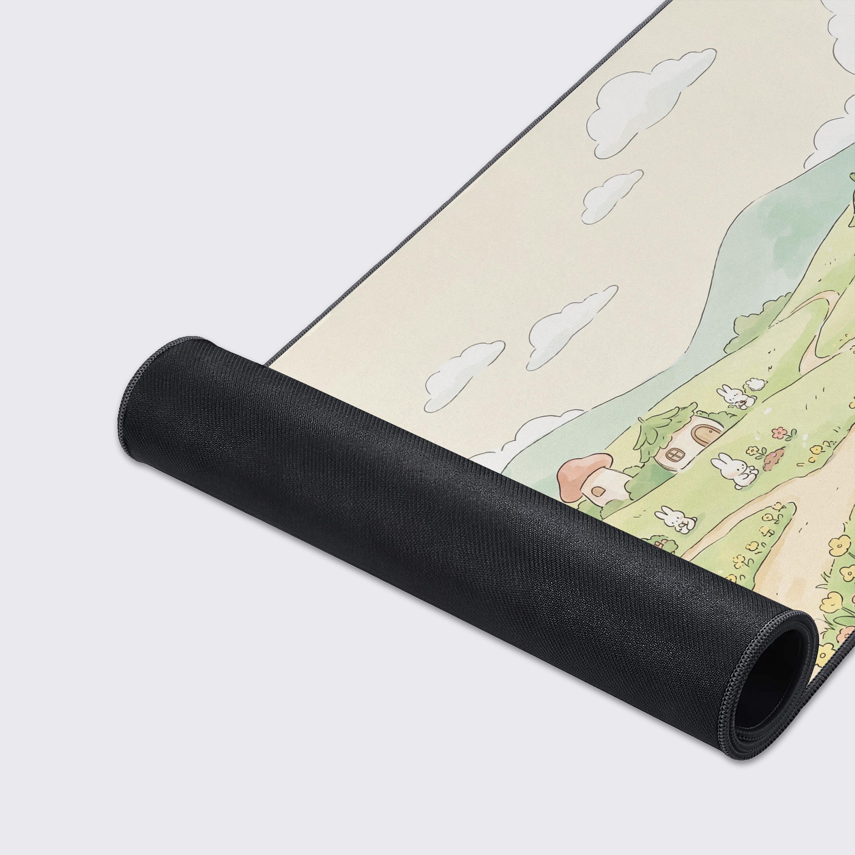 Full view of the Bunny Village XL desk pad showcasing pastel cottagecore aesthetic and waterproof surface.