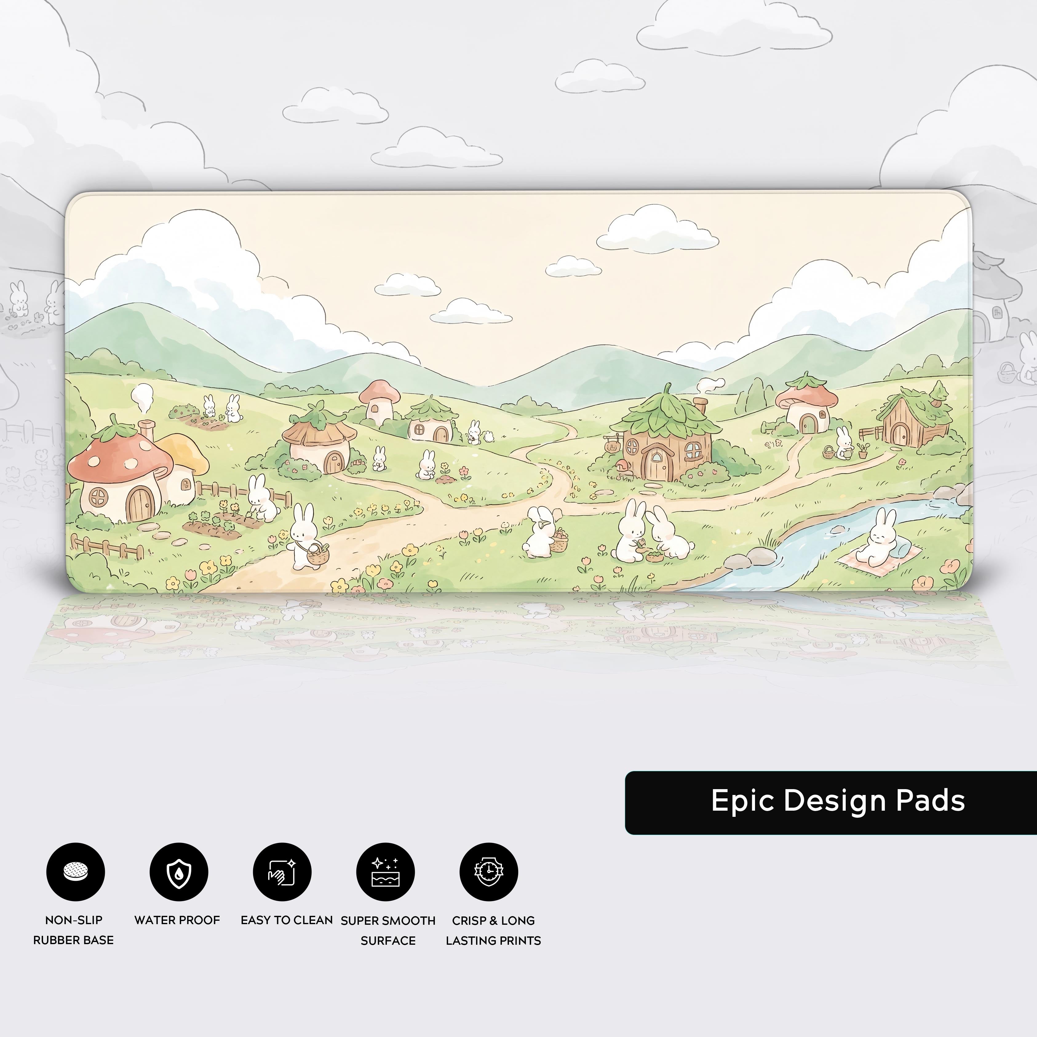 Product features of the Bunny Village desk mat including non-slip base, smooth surface, and crisp print.