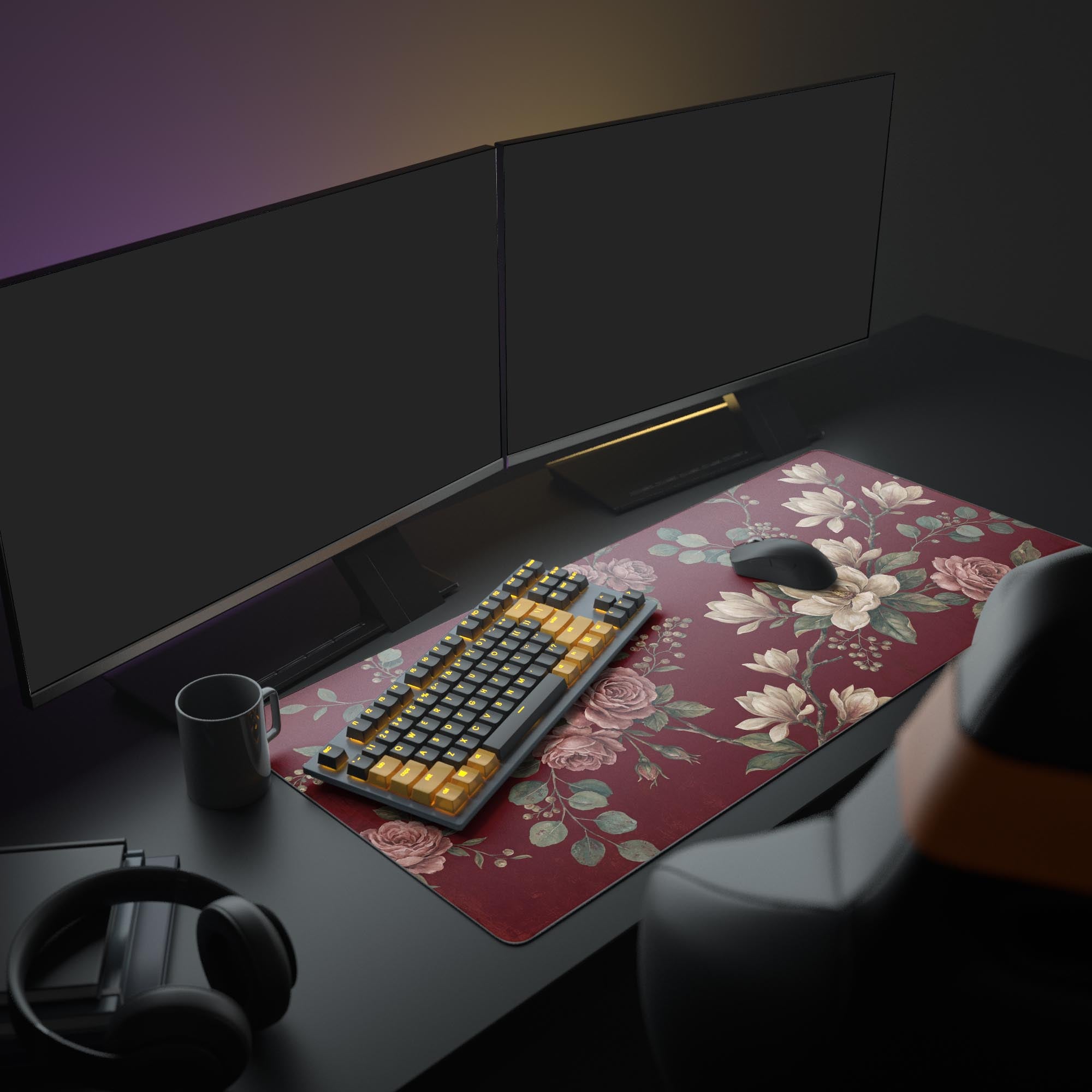 A full PC setup featuring the Burgundy Vintage floral mouse pad, creating a Dark Academia aesthetic with monitors and a minimalist keyboard. - Epic Design Pads & Mousepads