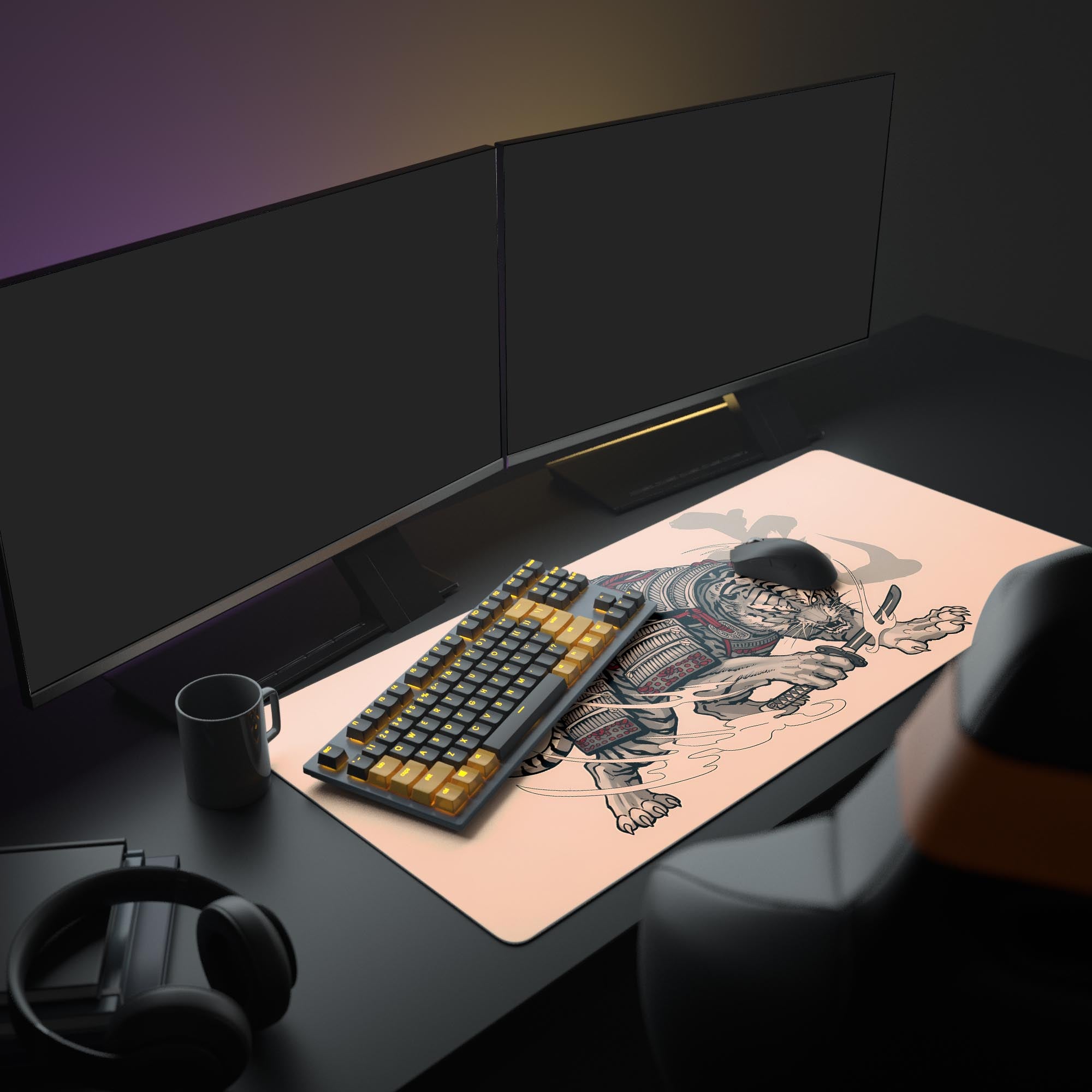 Large Bushido Beast gaming desk mat featuring a samurai tiger in a full gaming setup with dual monitors and a mechanical keyboard. - Epic Design Pads & Mousepads