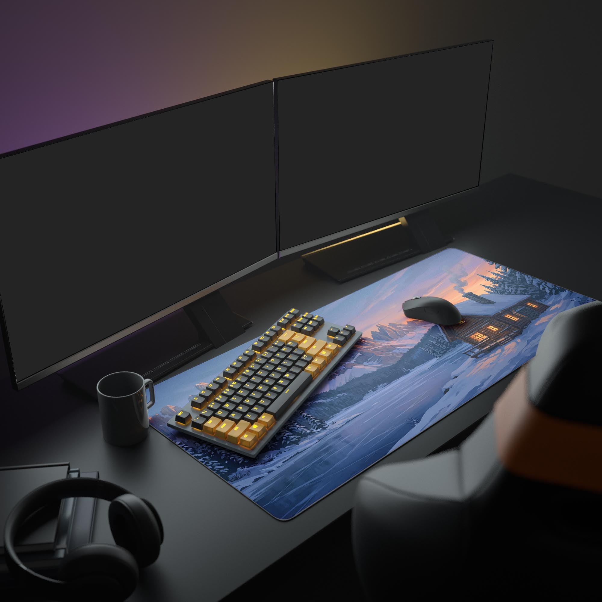 A cozy PC setup featuring the Cabin Retreat XL mouse pad, showing the winter cabin design beneath a monitor and glowing keyboard. - Epic Design Pads & Mousepads