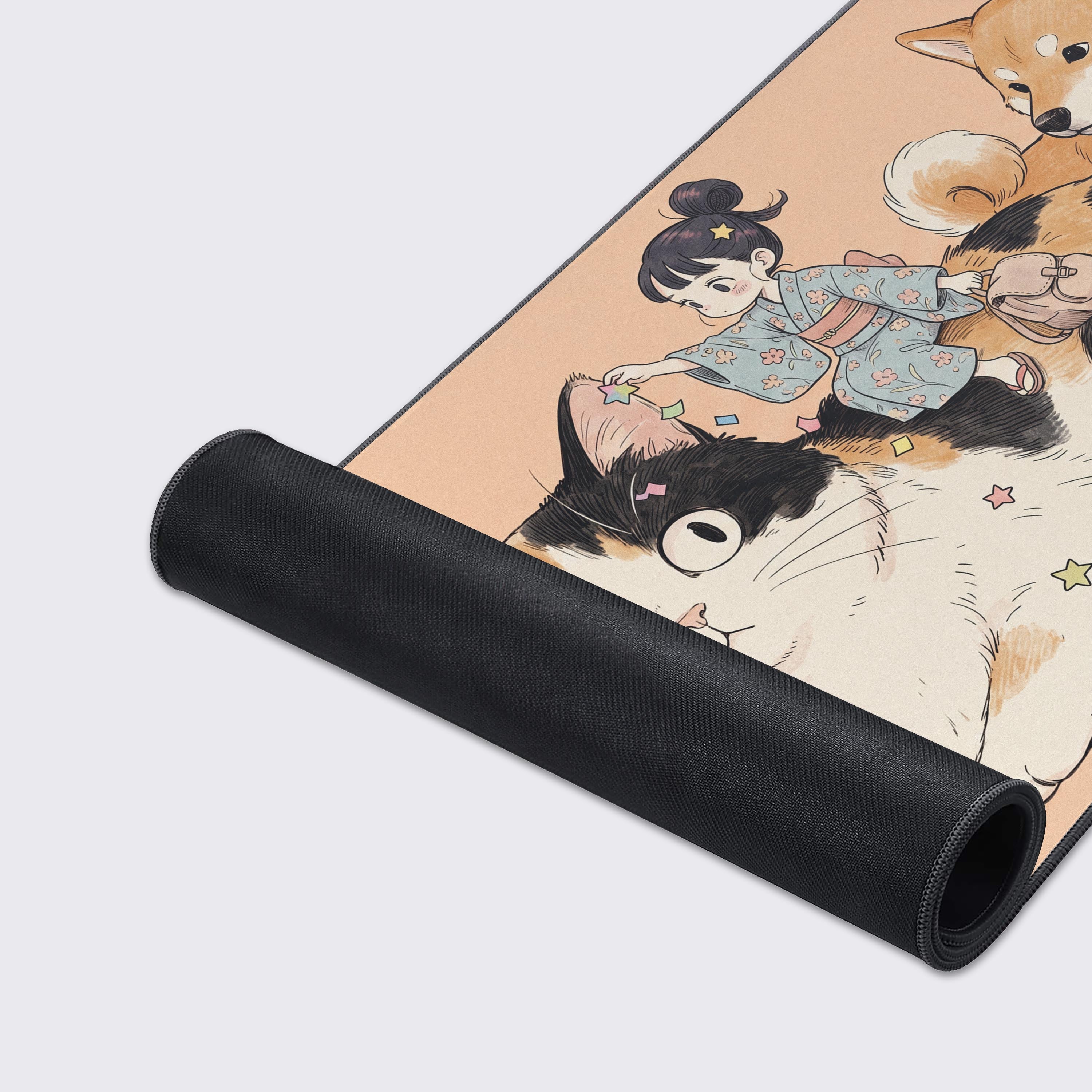 Whimsical anime aesthetic desk pad design with a girl riding a large cat, accompanied by a cute Shiba Inu dog.