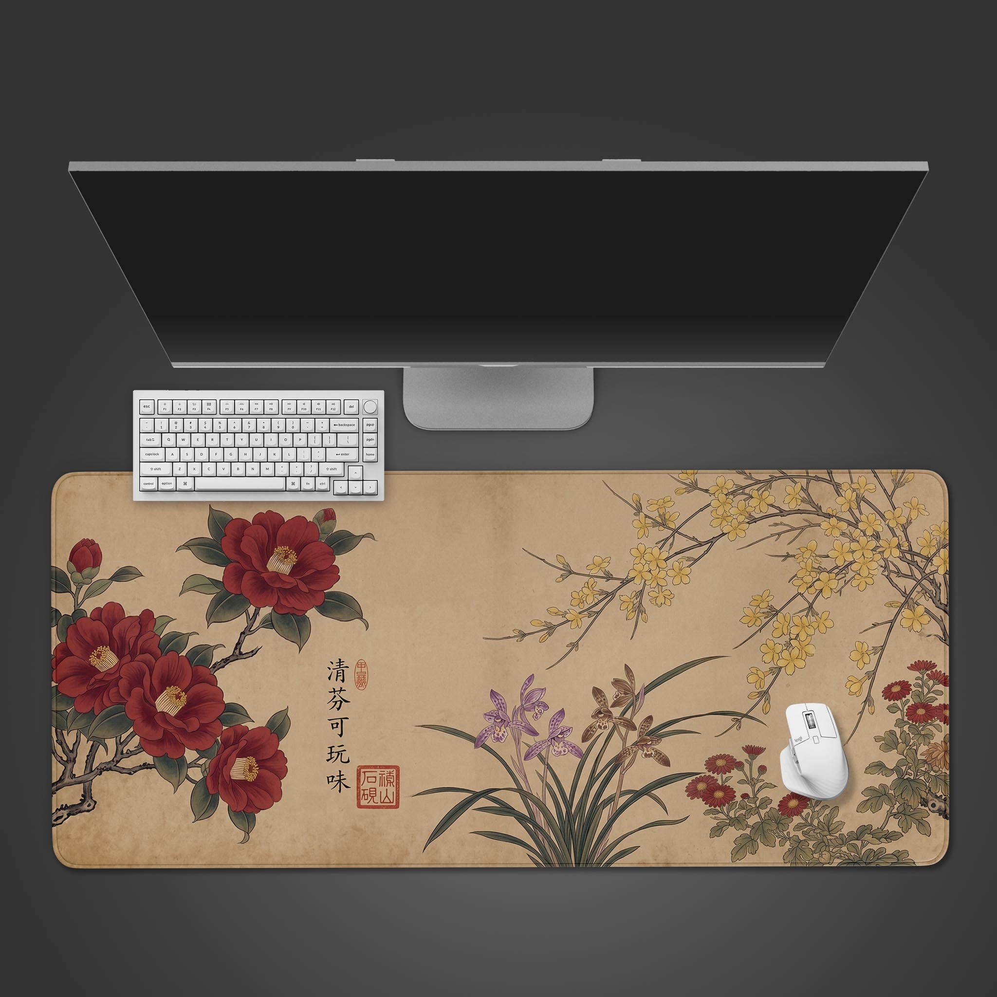 Camellia Blossom traditional Chinese floral desk mat featuring vivid red flowers and calligraphy on a beige parchment background.