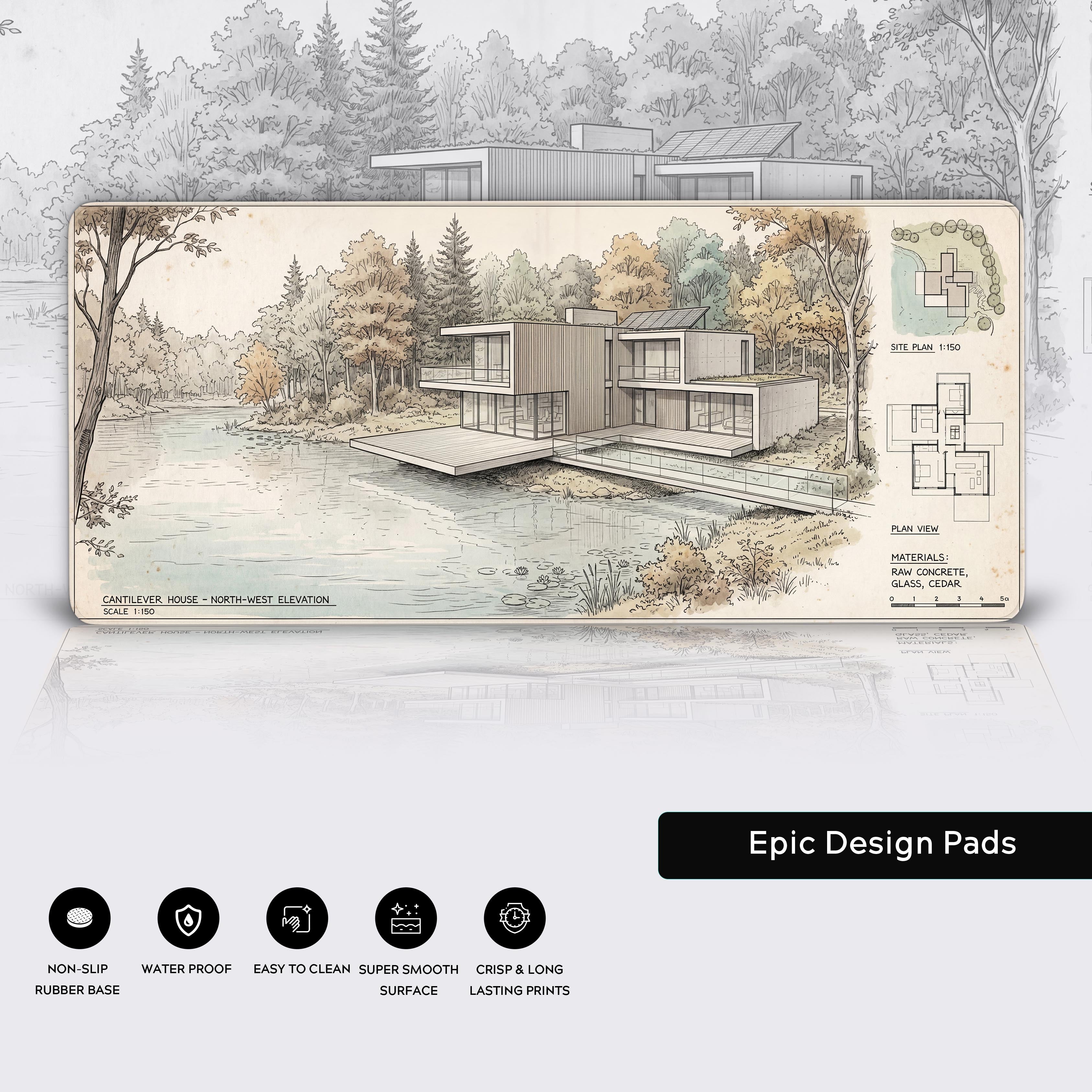 Iconography showing non-slip rubber base, easy to clean, and long lasting print features of the desk mat