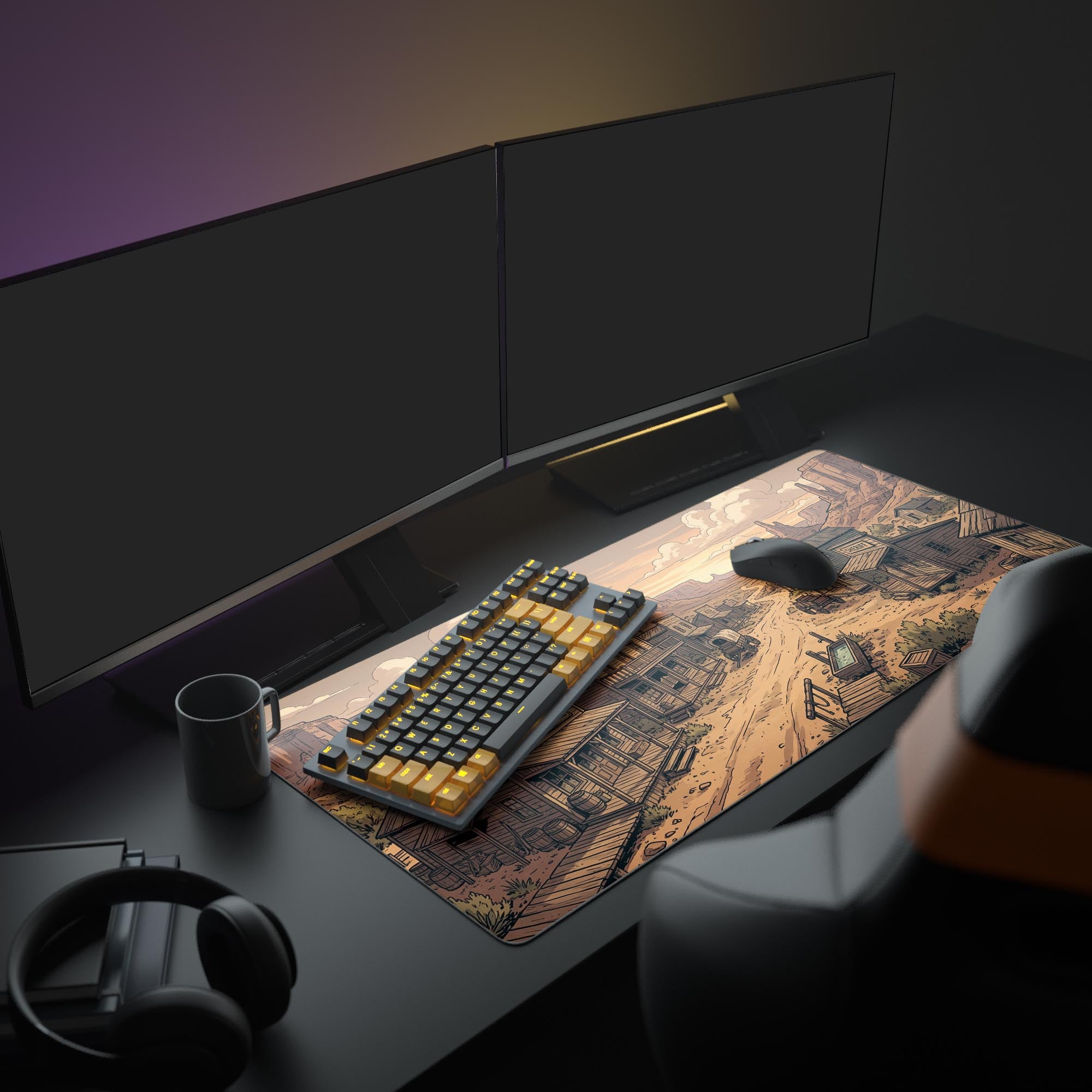 A complete PC setup featuring the Canyon Town mouse pad, which adds a vintage western aesthetic to the desk with a monitor, keyboard, and mouse. - Epic Design Pads & Mousepads
