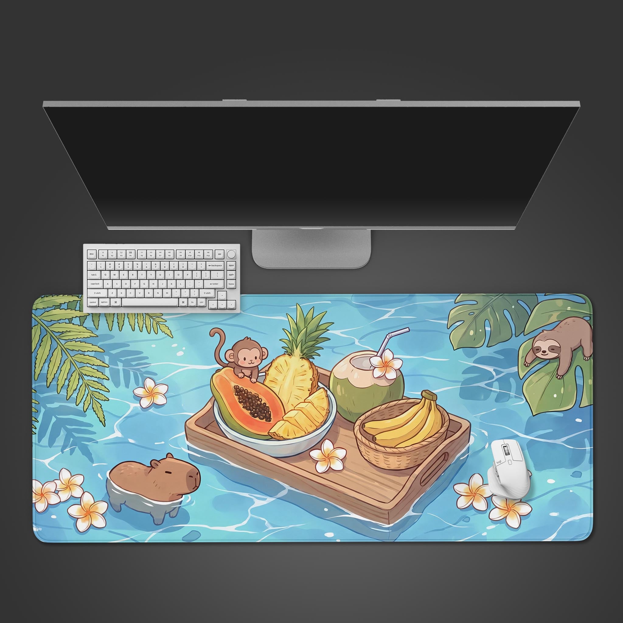 A kawaii desk mat featuring a capybara in clear blue water next to a floating wooden tray filled with tropical fruit, a coconut drink, monkeys, and a hanging sloth.