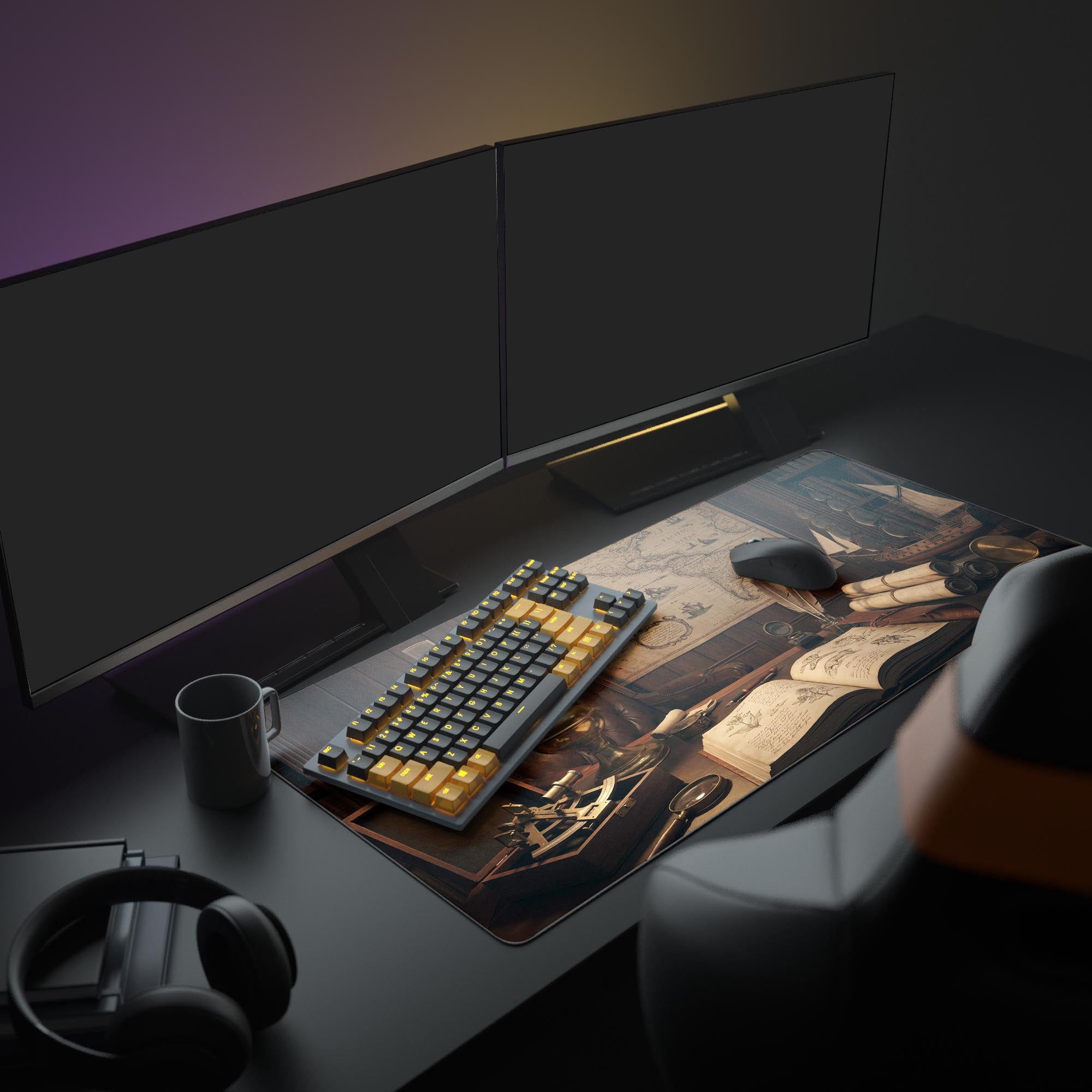 A full PC setup featuring the Cartographer's Study mouse pad, creating a dark academia aesthetic with its warm, vintage explorer theme. - Epic Design Pads & Mousepads