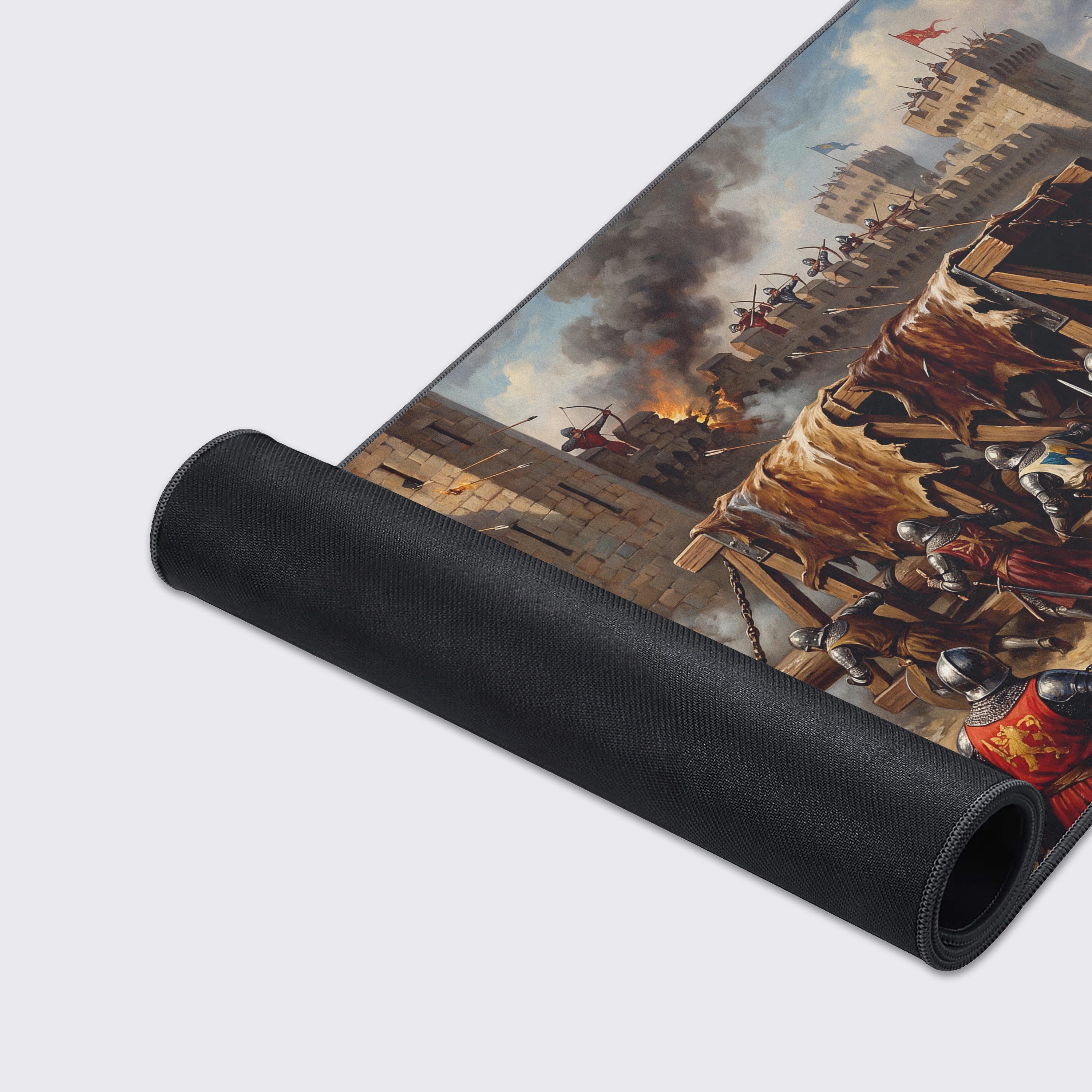 Top-down view of the medieval warfare XL mouse pad enhancing a strategy gamer setup