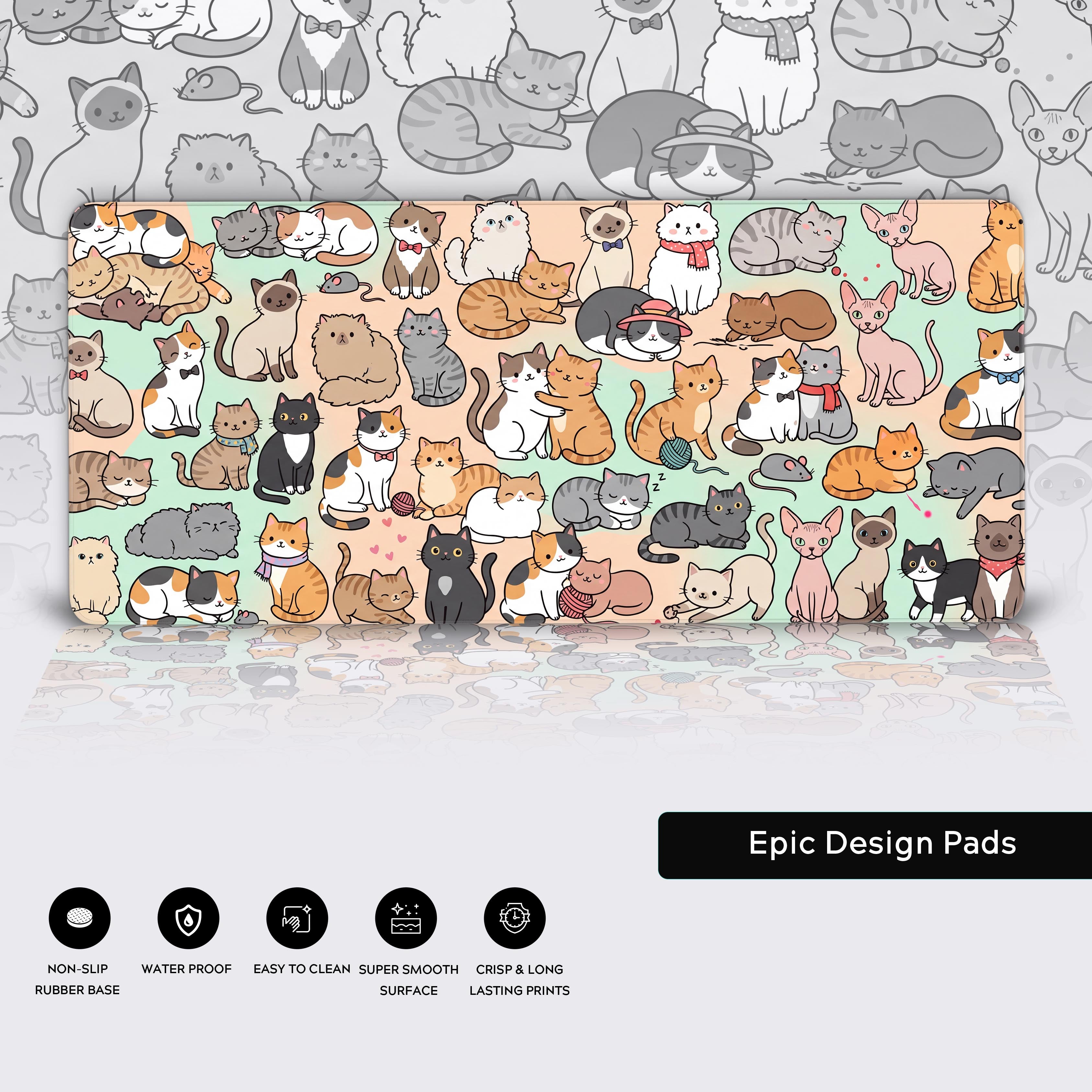 Cozy kawaii pastel desk setup accessory showing a seamless kitty collage.