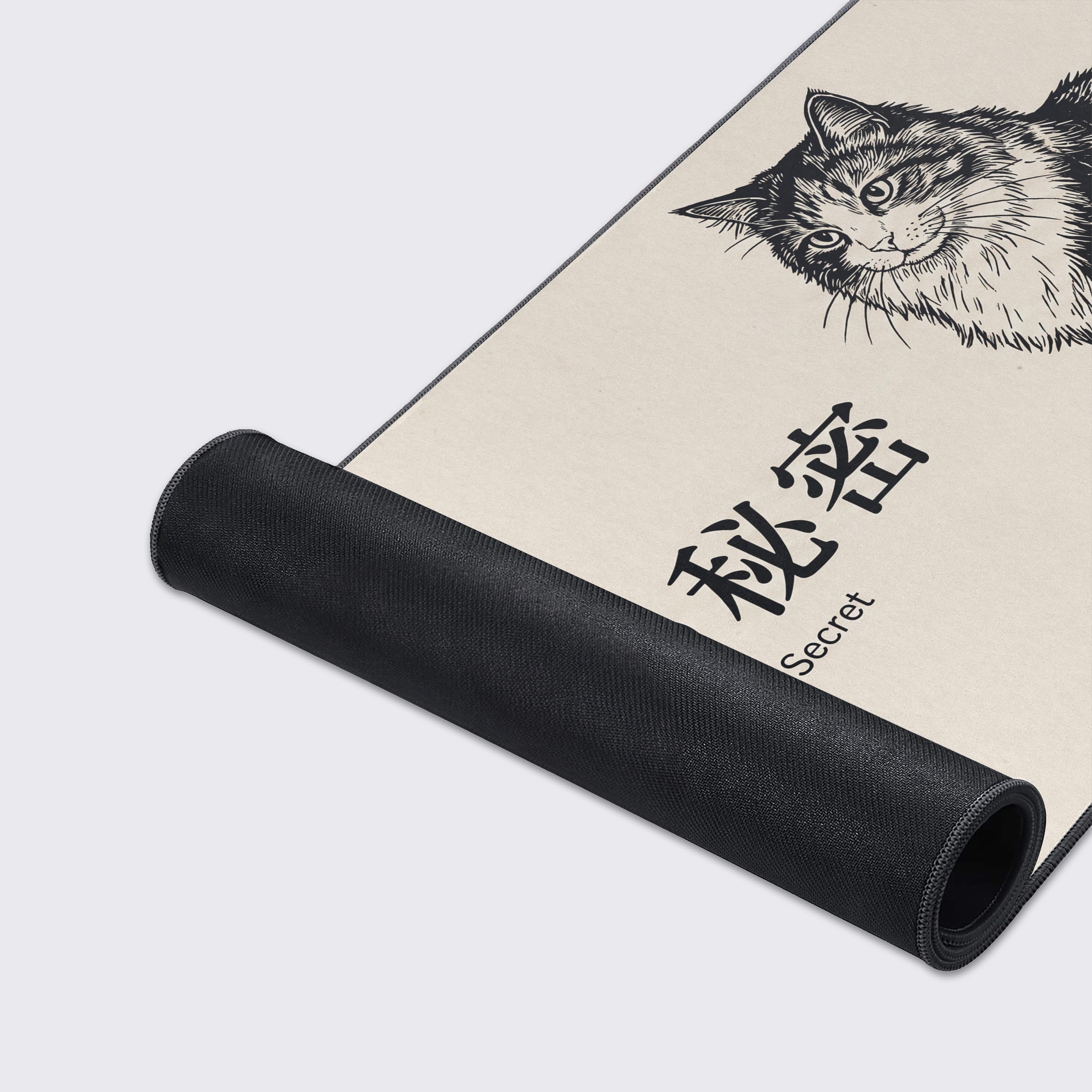 Product features of the cat desk mat highlighting non-slip rubber base, waterproof surface, and easy cleaning