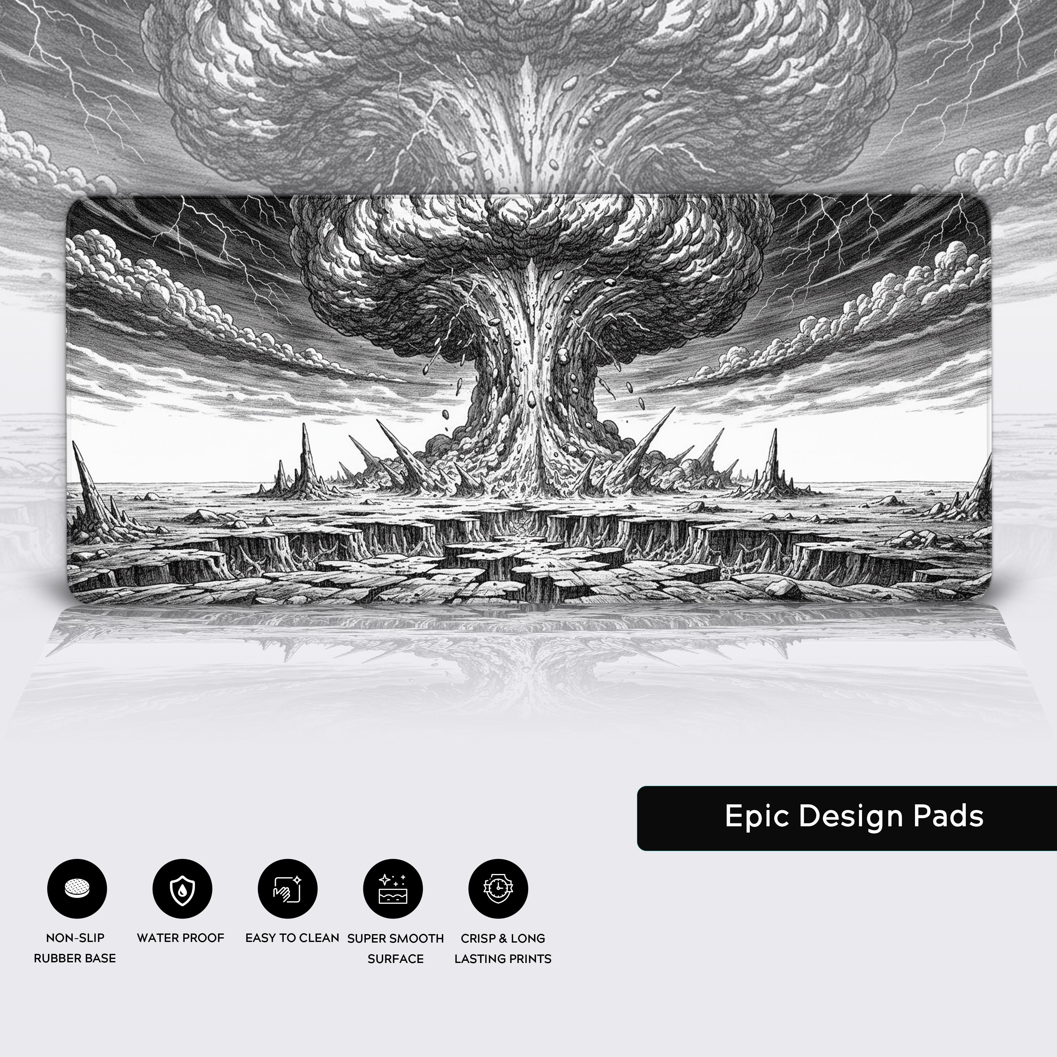 Cataclysmic explosion gaming desk mat highlighting the durable stitched edges, non-slip rubber base, and waterproof surface. - Epic Design Pads