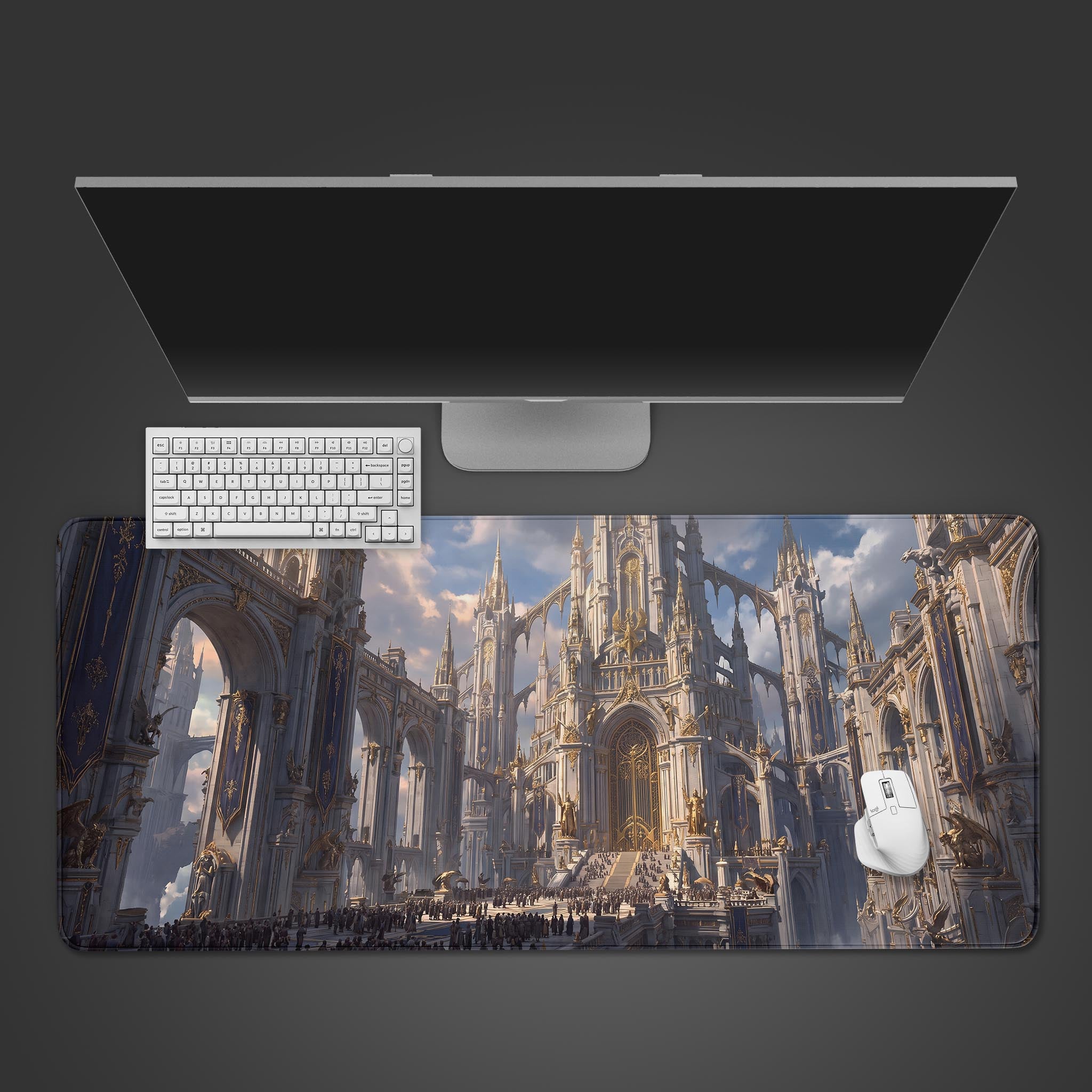 A desk mat featuring an epic white and gold fantasy cathedral with large crowds on a grand staircase