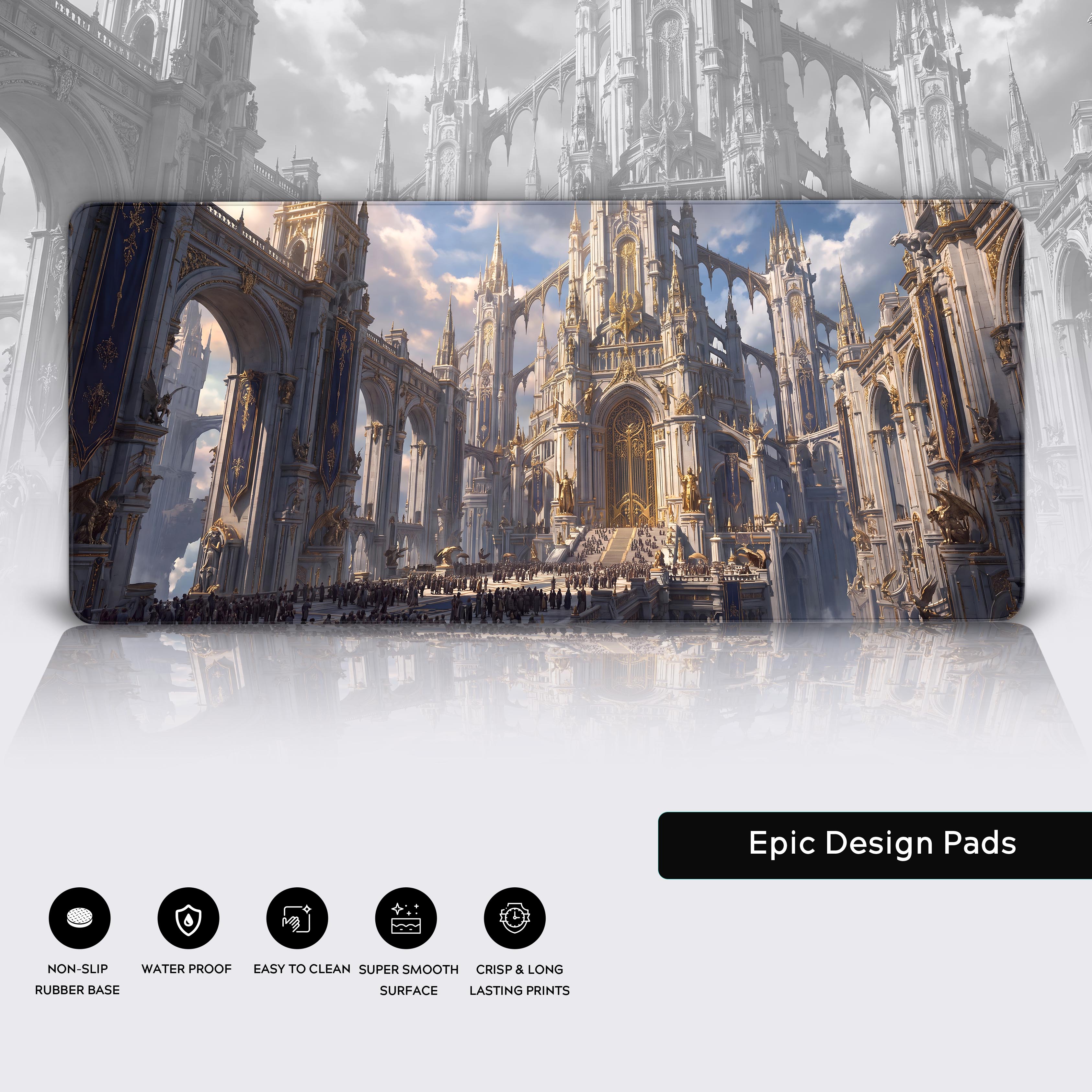 Overview of the epic fantasy cathedral desk mat layout showcasing the grand scale of the majestic architecture