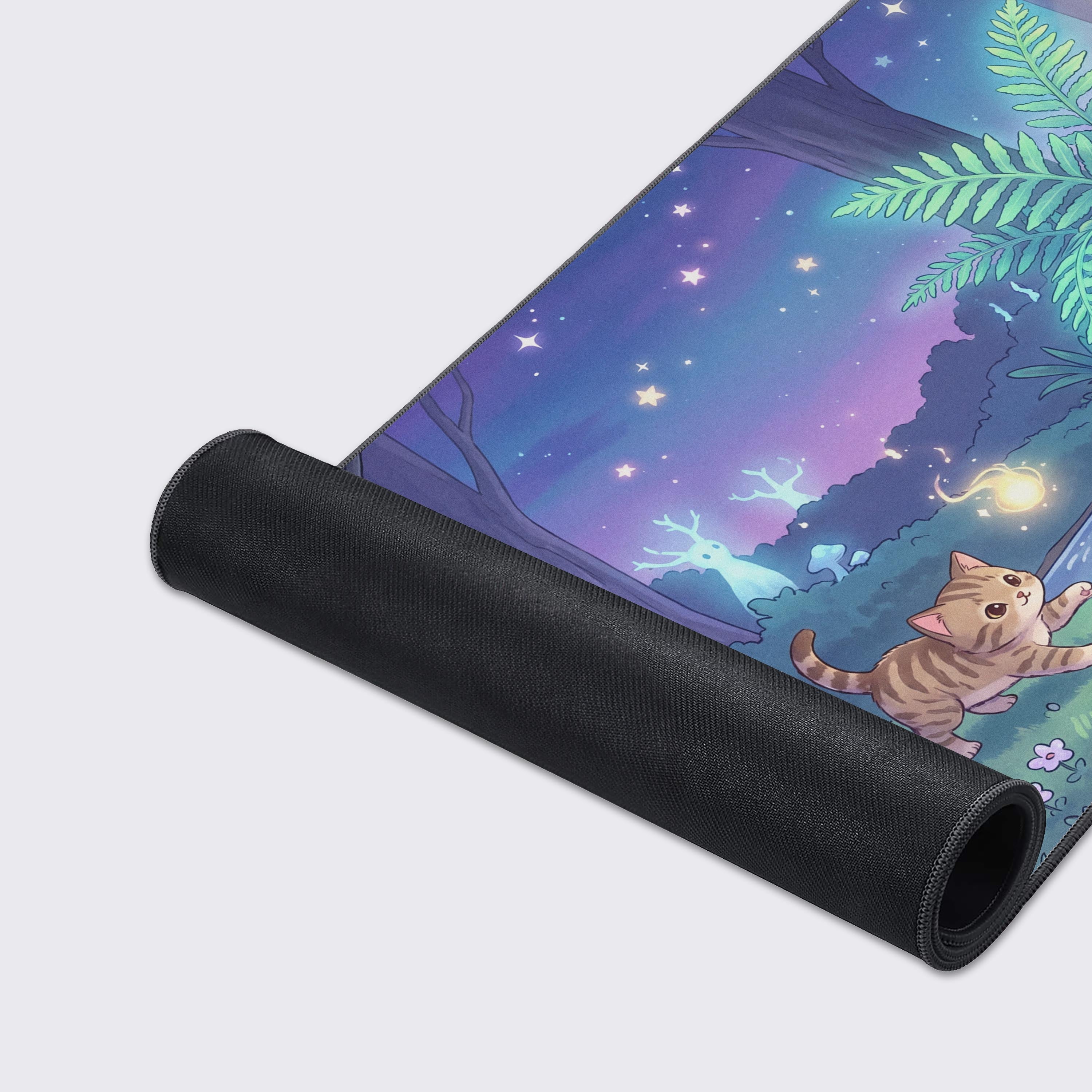 Detail of a white cat and a tabby kitten resting near a magical glowing fern and a small forest stream.