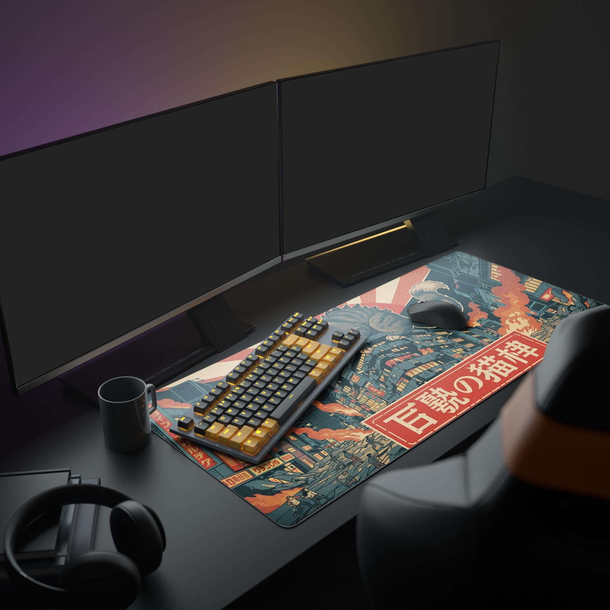Large Catzilla gaming desk mat in a retro gamer setup with dual monitors, keyboard, and headphones. - Epic Design Pads