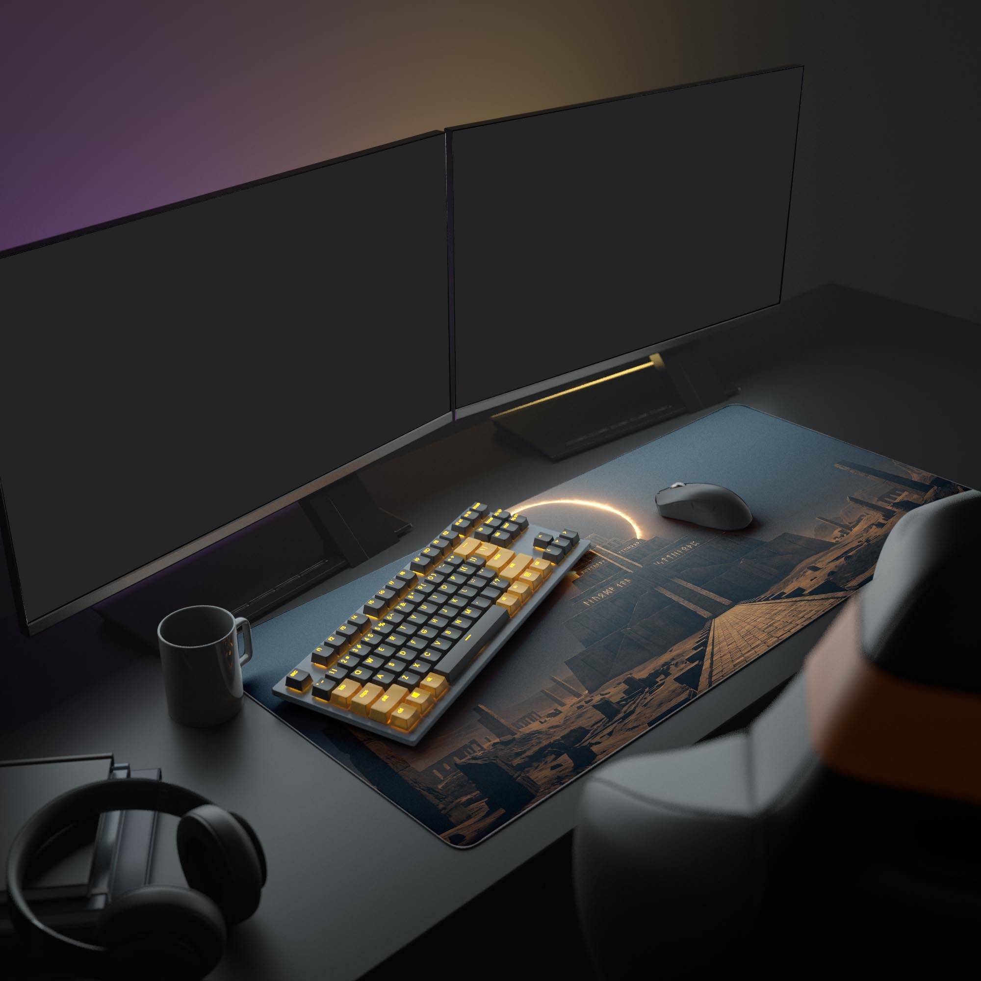 A full gaming setup featuring the Celestial Gate Mouse Pad. The dark fantasy design with a glowing portal complements the illuminated keyboard and monitor. - Epic Design Pads & Mousepads