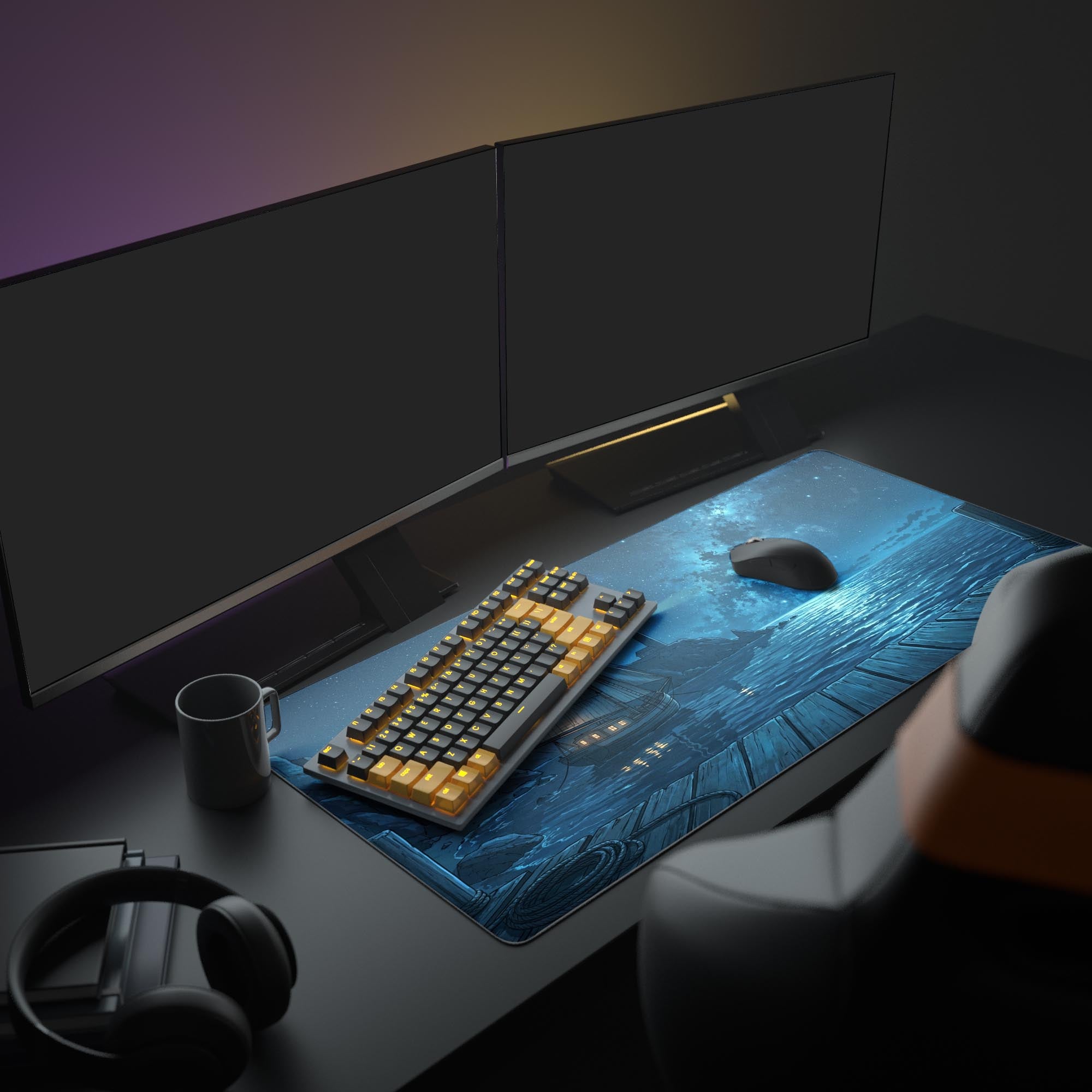 Large Celestial Harbor gaming mouse pad with galaxy and ocean art, featured in a full desk setup with dual monitors. An aesthetic desk mat for gamers and creatives. - Epic Design Pads & Mousepads