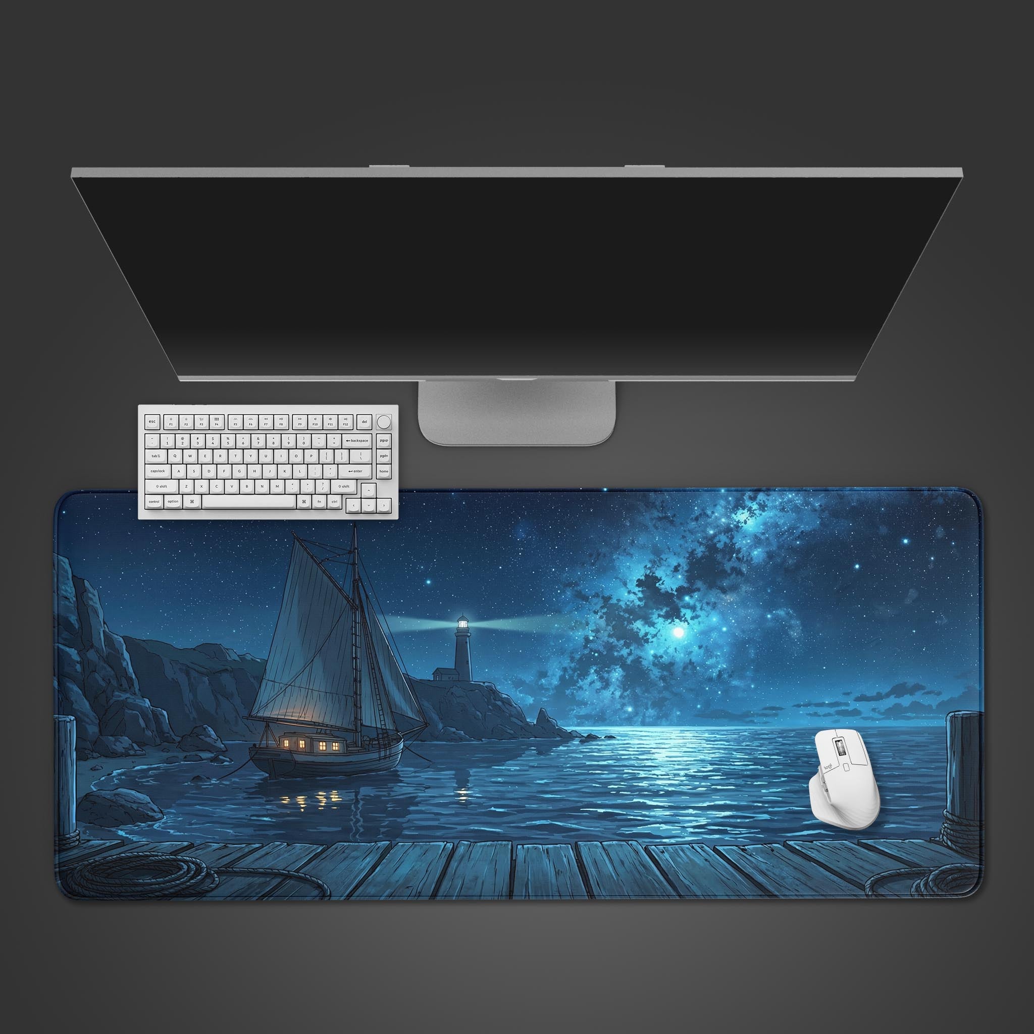 Celestial Harbor desk mat with starry ocean design, shown from a top-down view with a keyboard and mouse. A large aesthetic mouse pad for a clean workspace setup. - Epic Design Pads & Mousepads