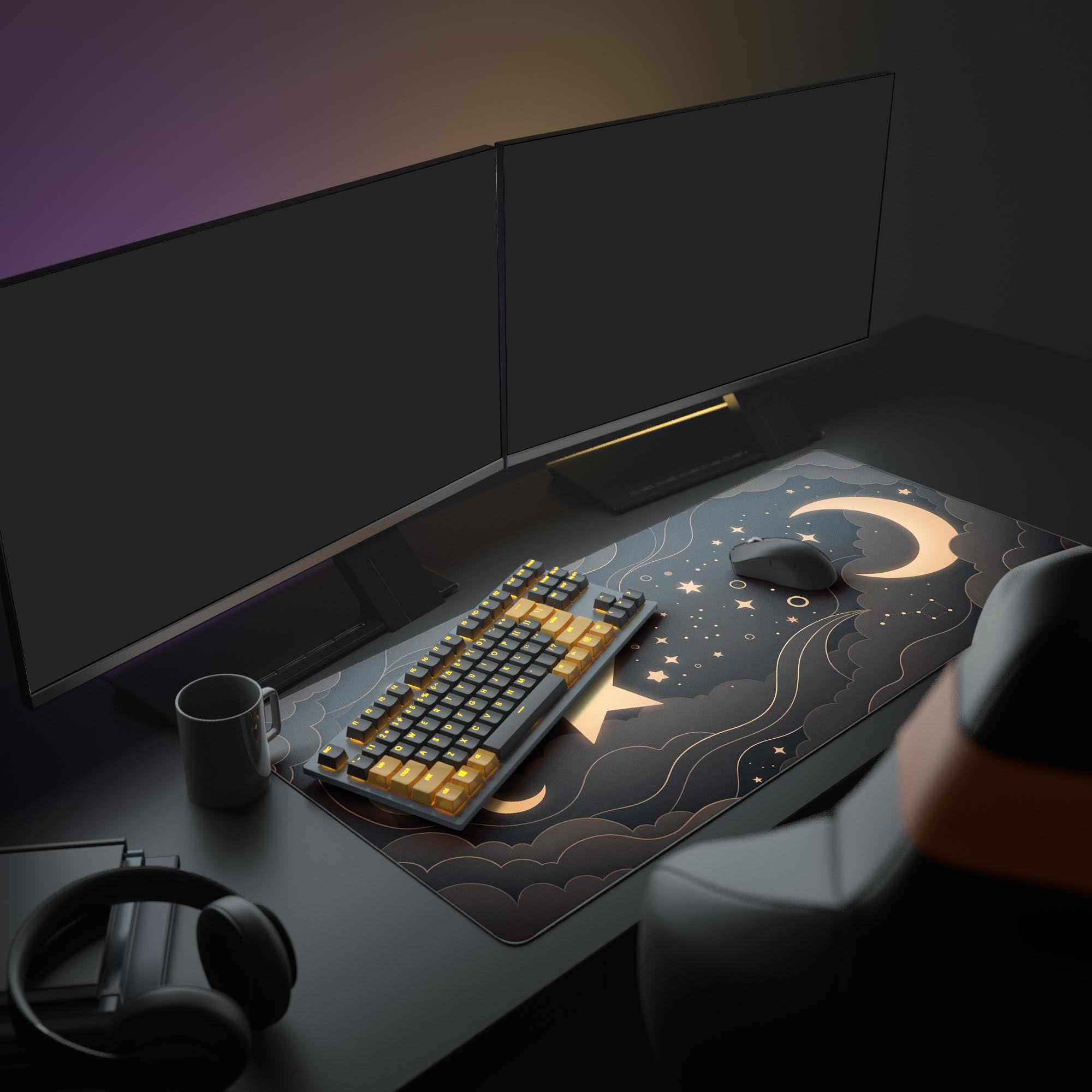 A cozy PC setup featuring the Celestial Layers XL mouse pad under a glowing monitor, keyboard, and mouse, enhancing the workspace with its cosmic design. - Epic Design Pads & Mousepads