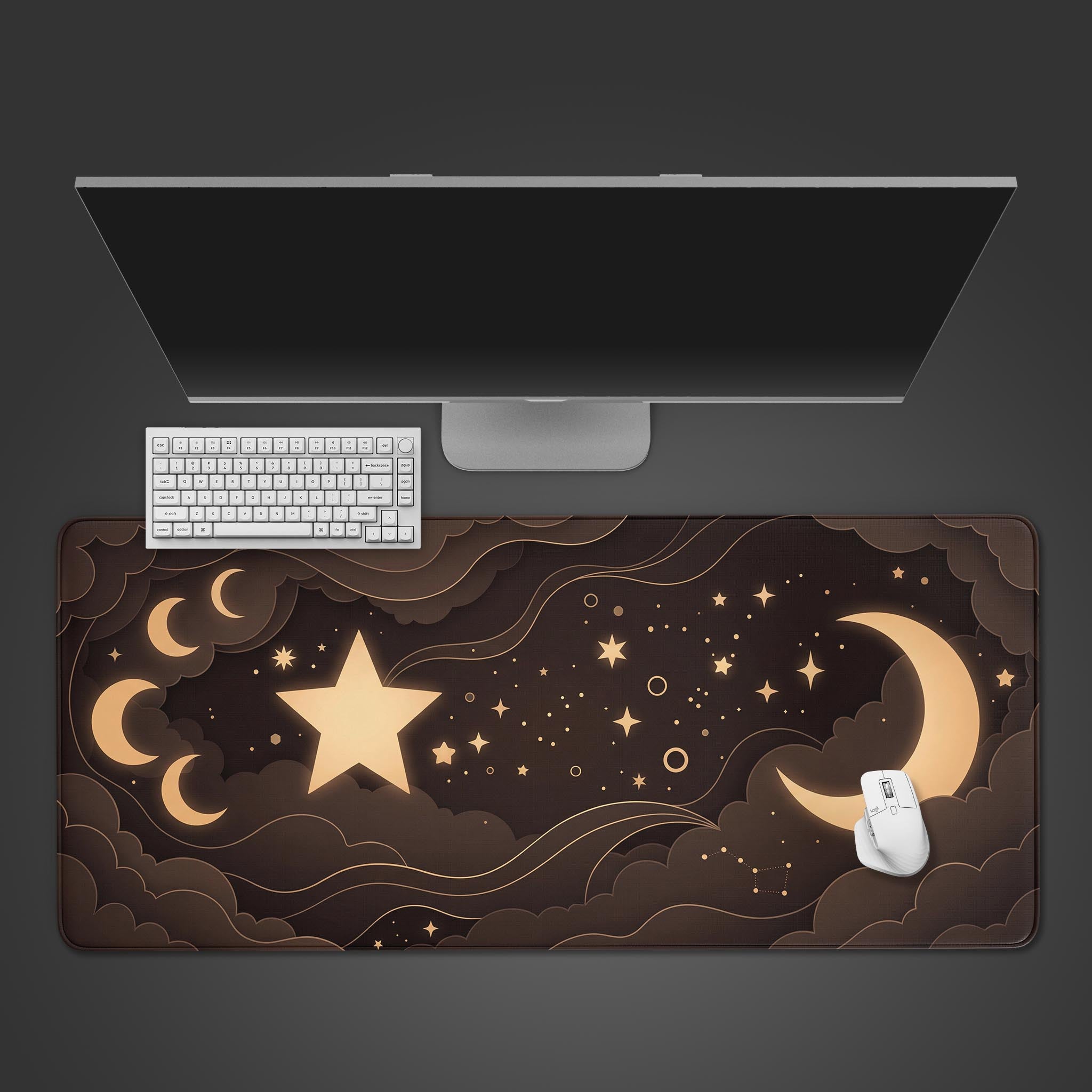 Top-down view of the Celestial Layers gaming desk mat featuring a papercut moon and stars design, shown with a white keyboard and mouse on a dark background. - Epic Design Pads & Mousepads