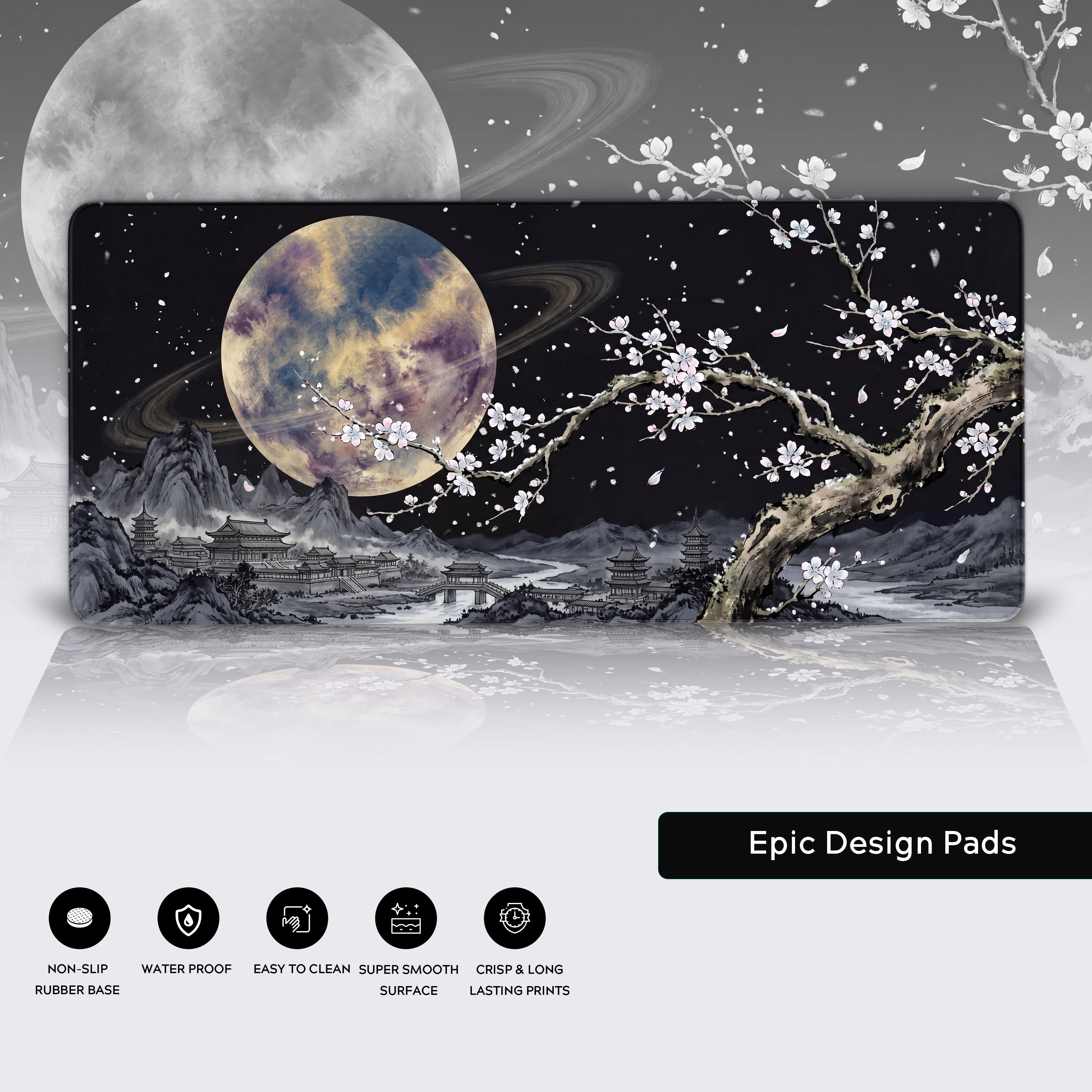 Product feature breakdown of the desk mat highlighting the non-slip rubber base, waterproof coating, and easy-to-clean smooth surface.