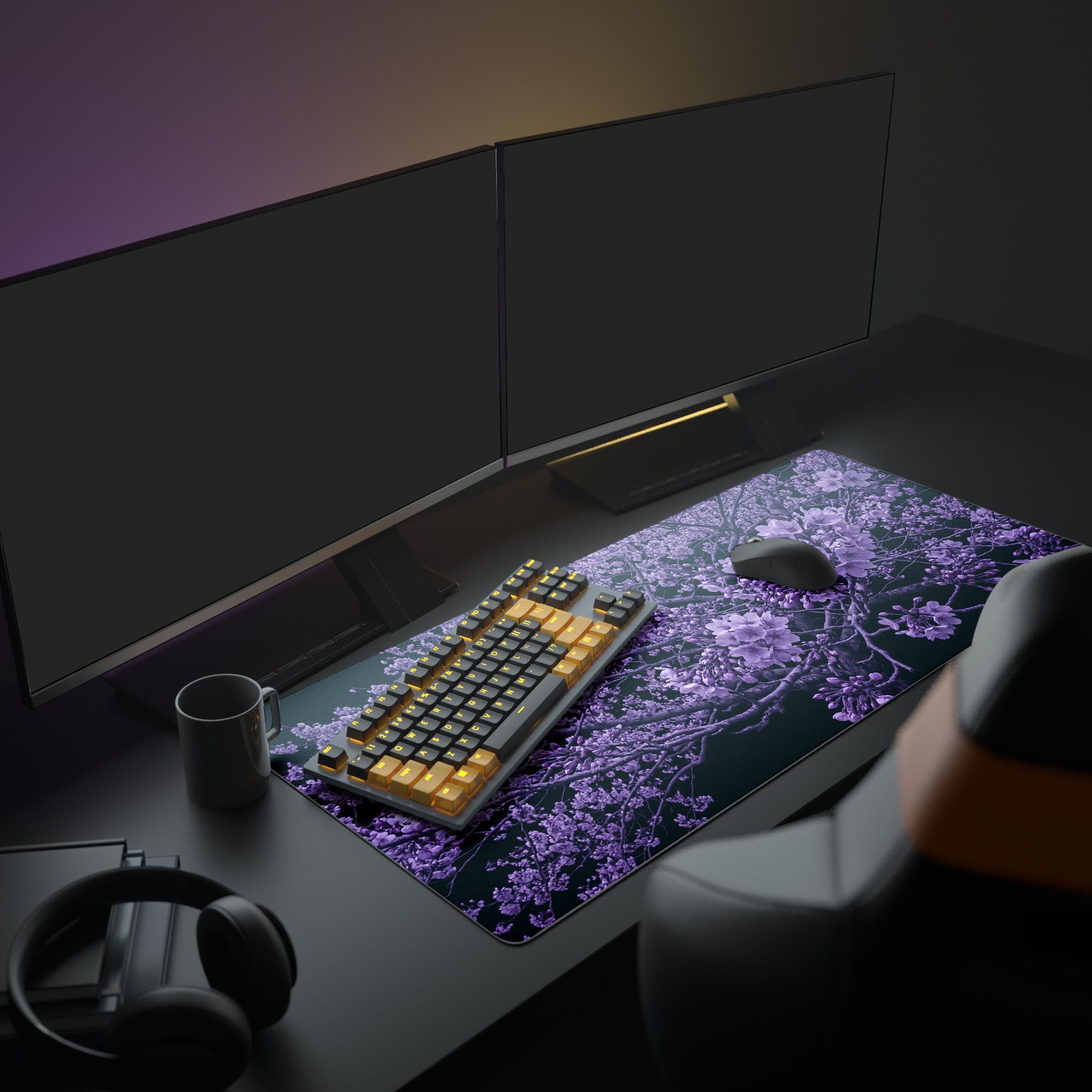 Close up view of the dark floral cherry blossom design on the premium extended mouse pad