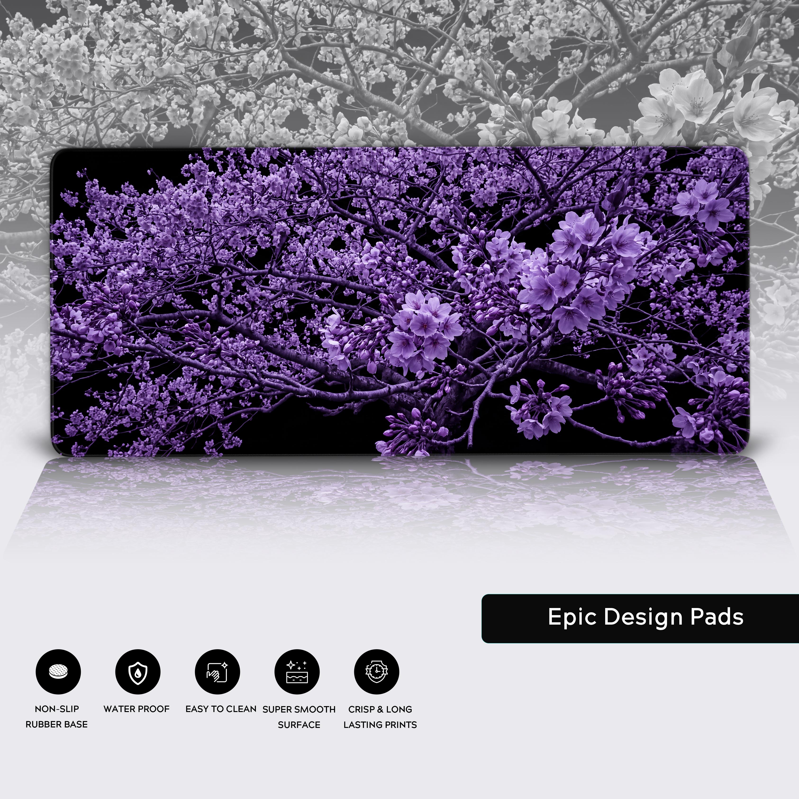 Epic Design Pads striking purple cherry blossom aesthetic mousepad in a modern setup