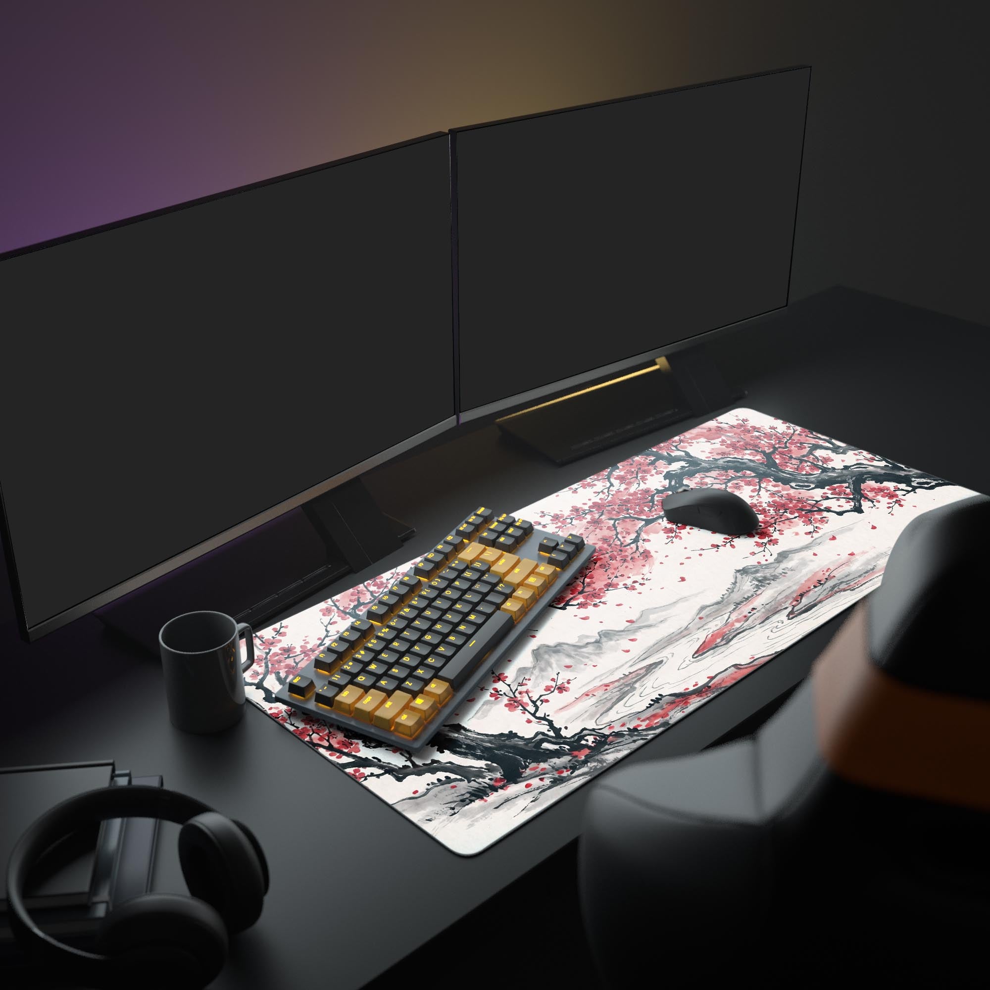Close-up of vibrant red cherry blossoms and black ink branches on a premium desk mat