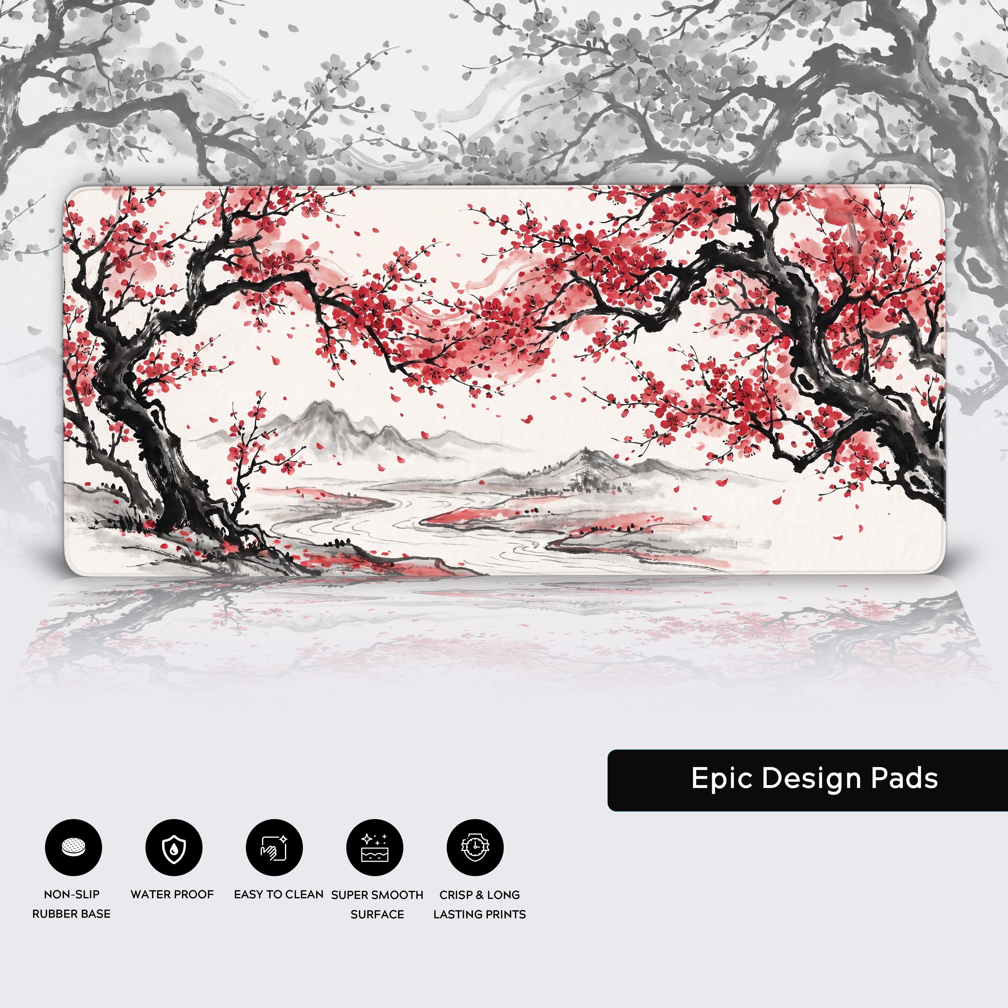 Feature icons highlighting non-slip rubber base, waterproof surface, and crisp prints of the floral desk mat