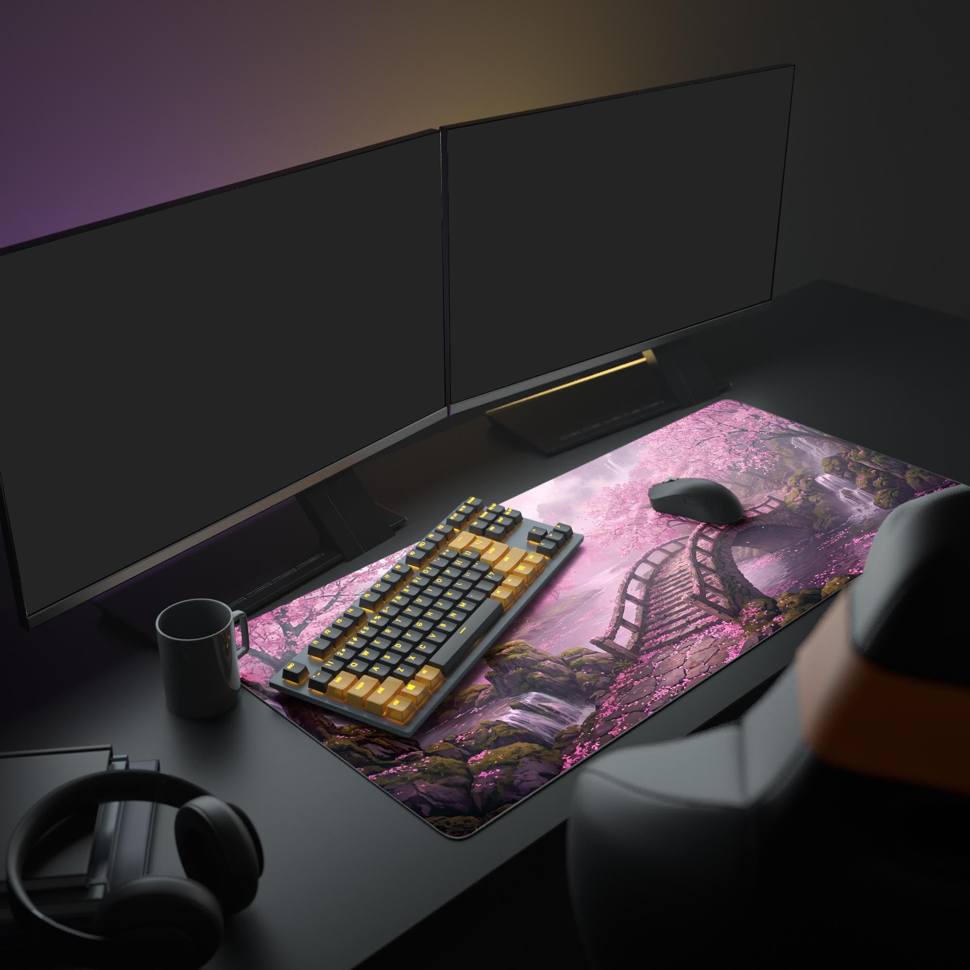 Close-up of the rustic wooden bridge and vibrant sakura flowers on the gaming mouse pad.