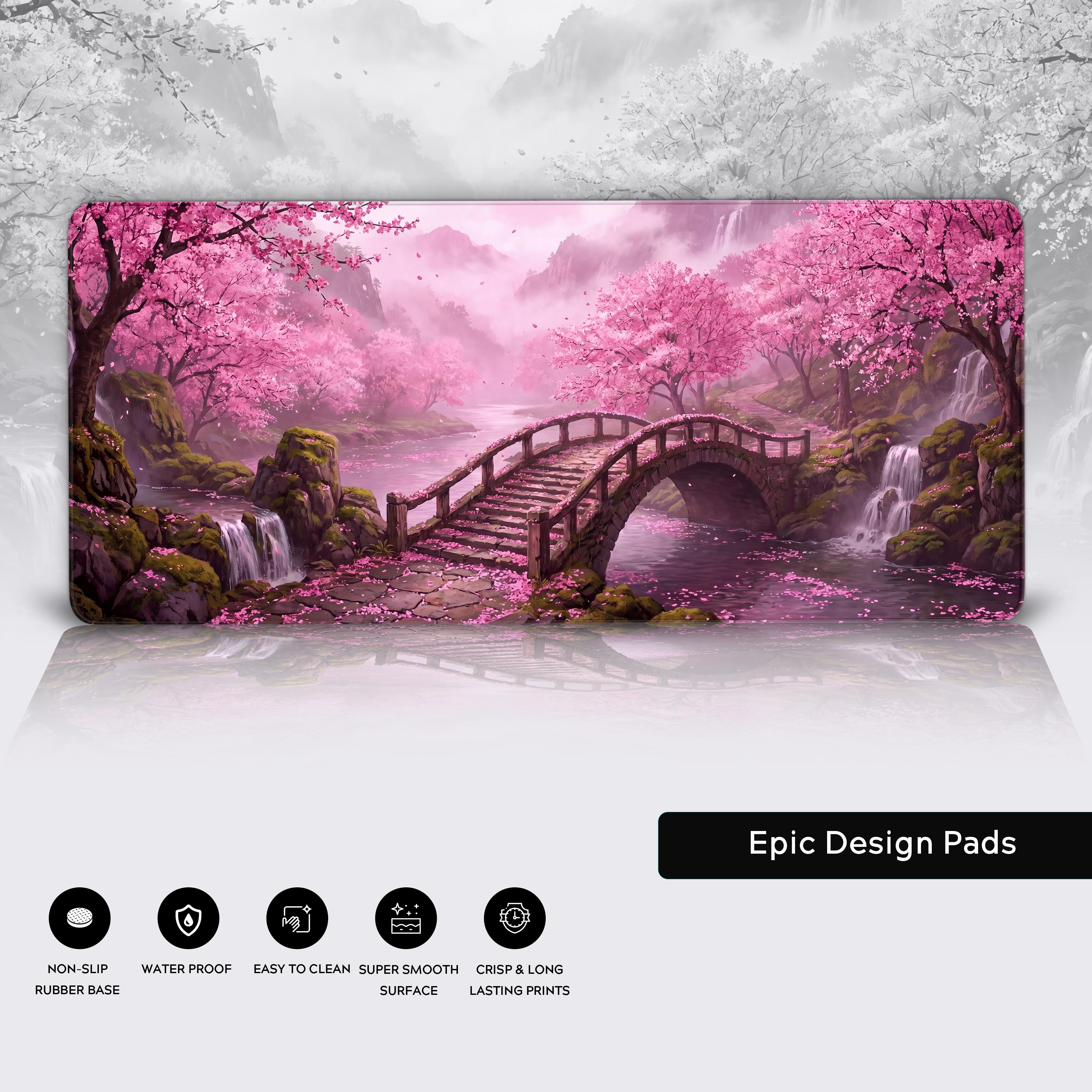 Epic Design Pads Sakura Bridge desk mat laid flat showing the crisp, long-lasting print quality.