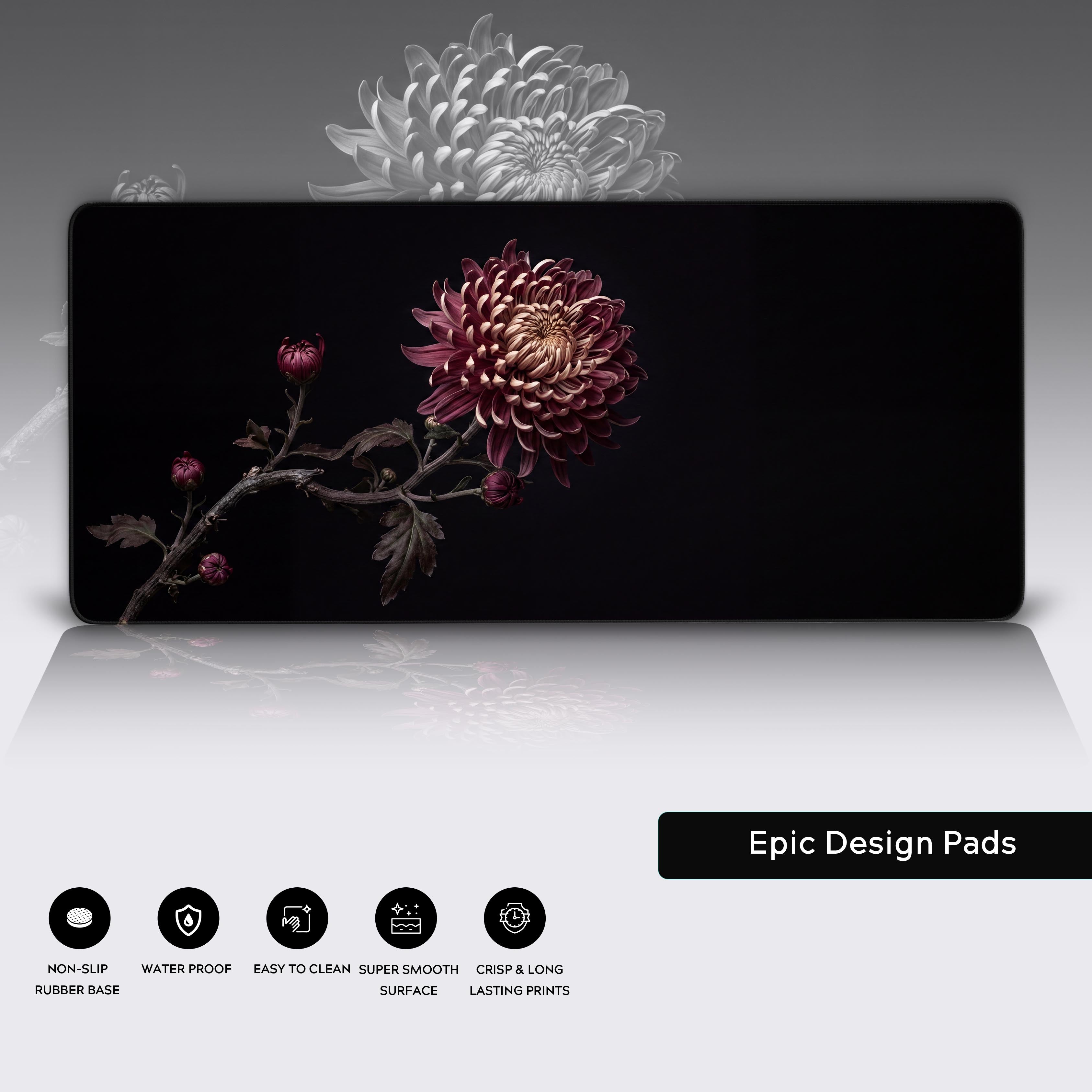 Epic Design Pads moody aesthetic chrysanthemum extended mouse pad perfect for elegant workspace setups