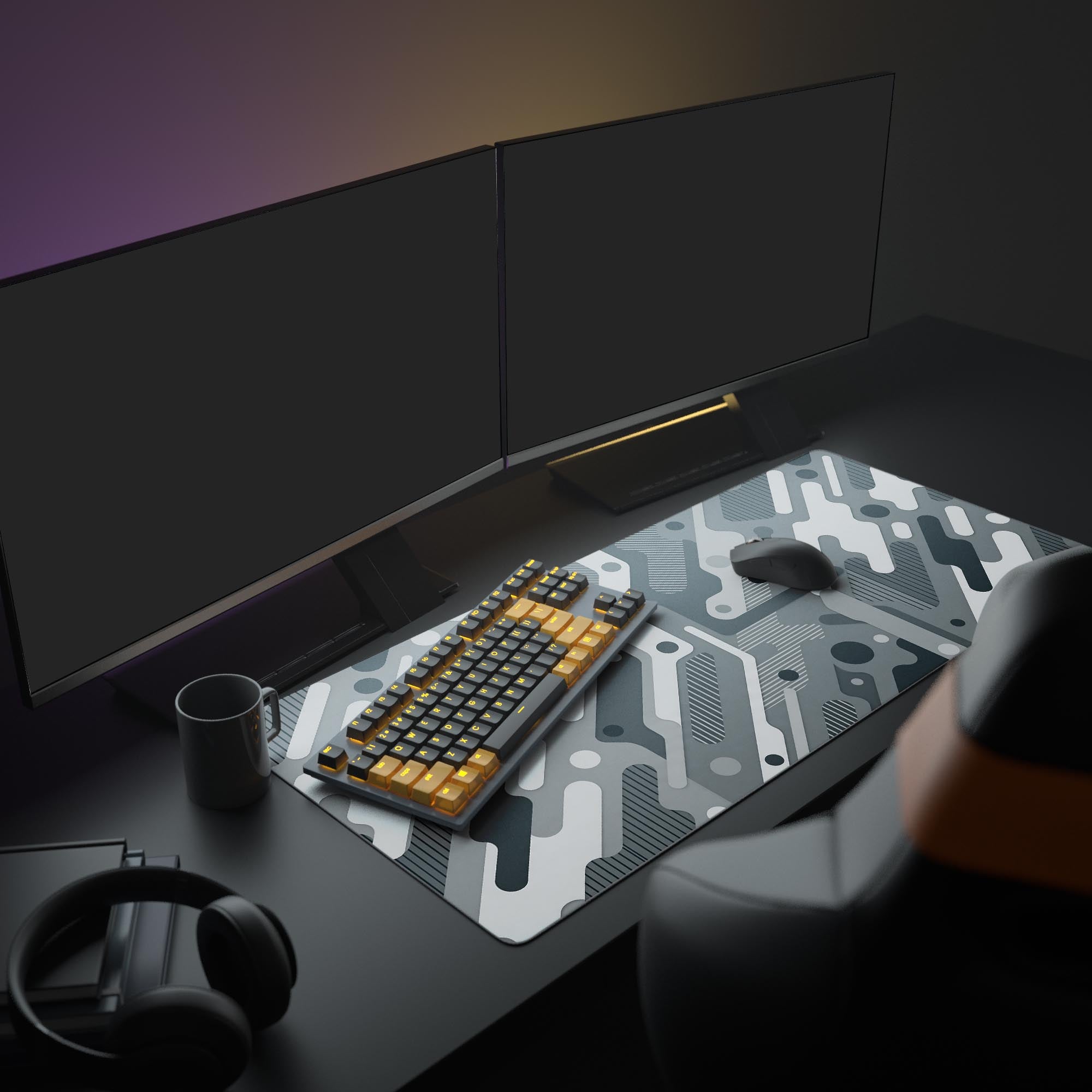 Close-up of the smooth, waterproof surface of the minimalist tech mouse pad detailing the crisp diagonal line patterns.