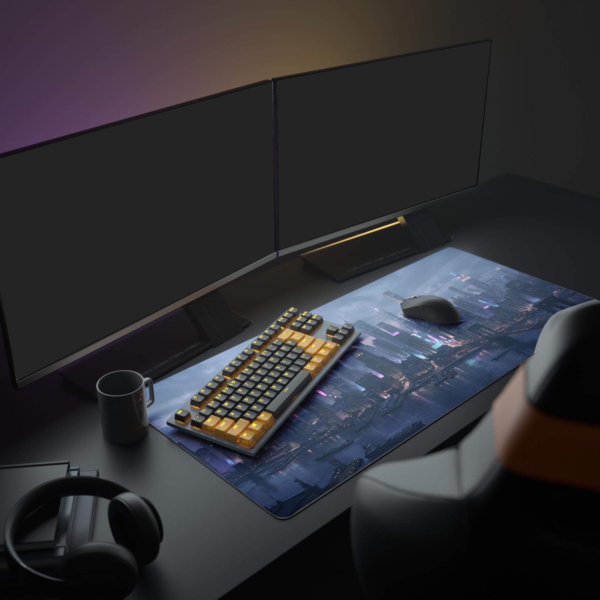 Close-up of the smooth gaming surface of the neon urban cityscape mouse pad.