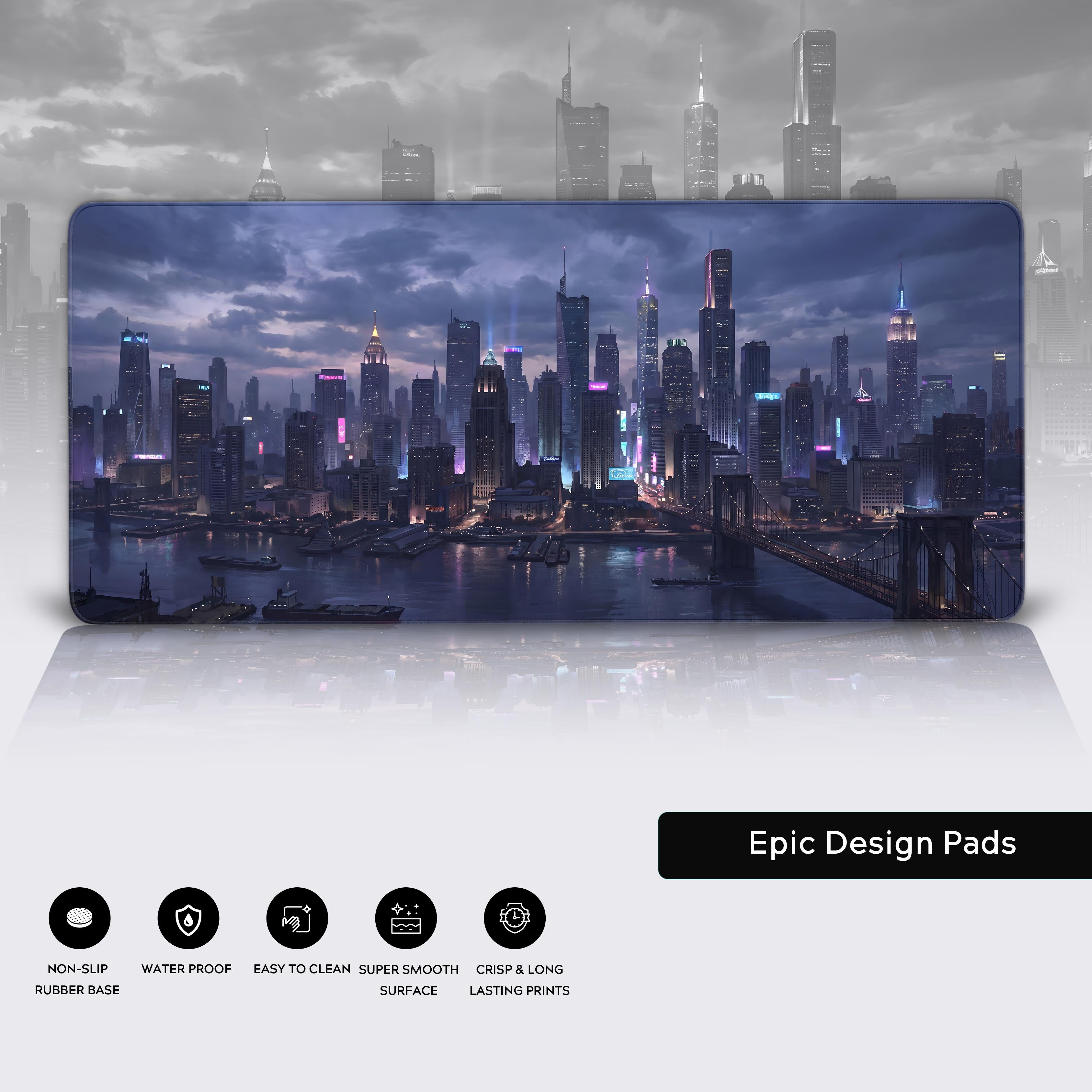 Product features of the Epic Design Pads desk mat including waterproof and non-slip rubber base icons.